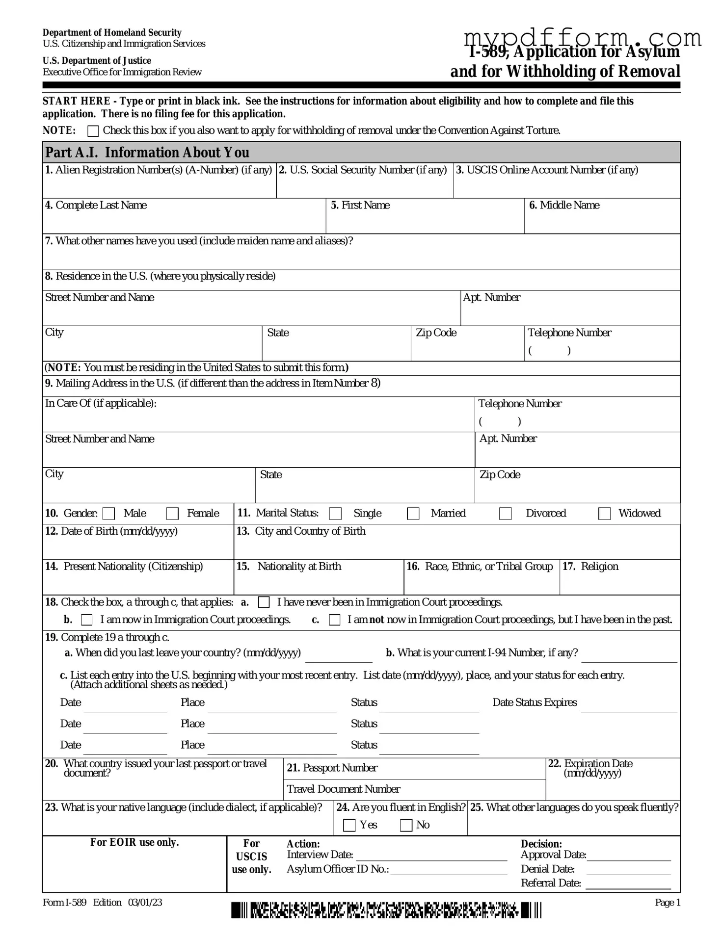 Fill in Your USCIS I-589 Form