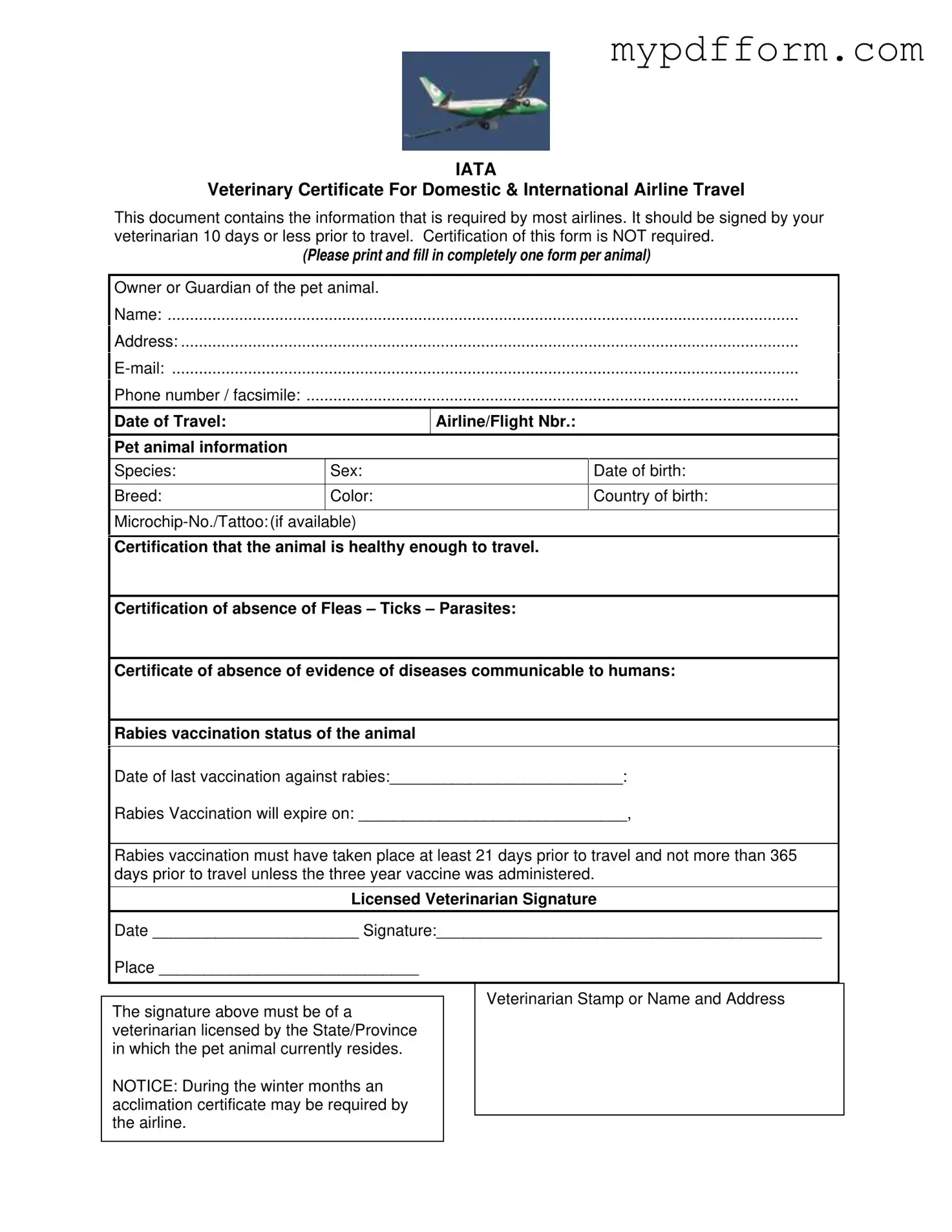 Fill in Your Veterinary Certificate Travel Form