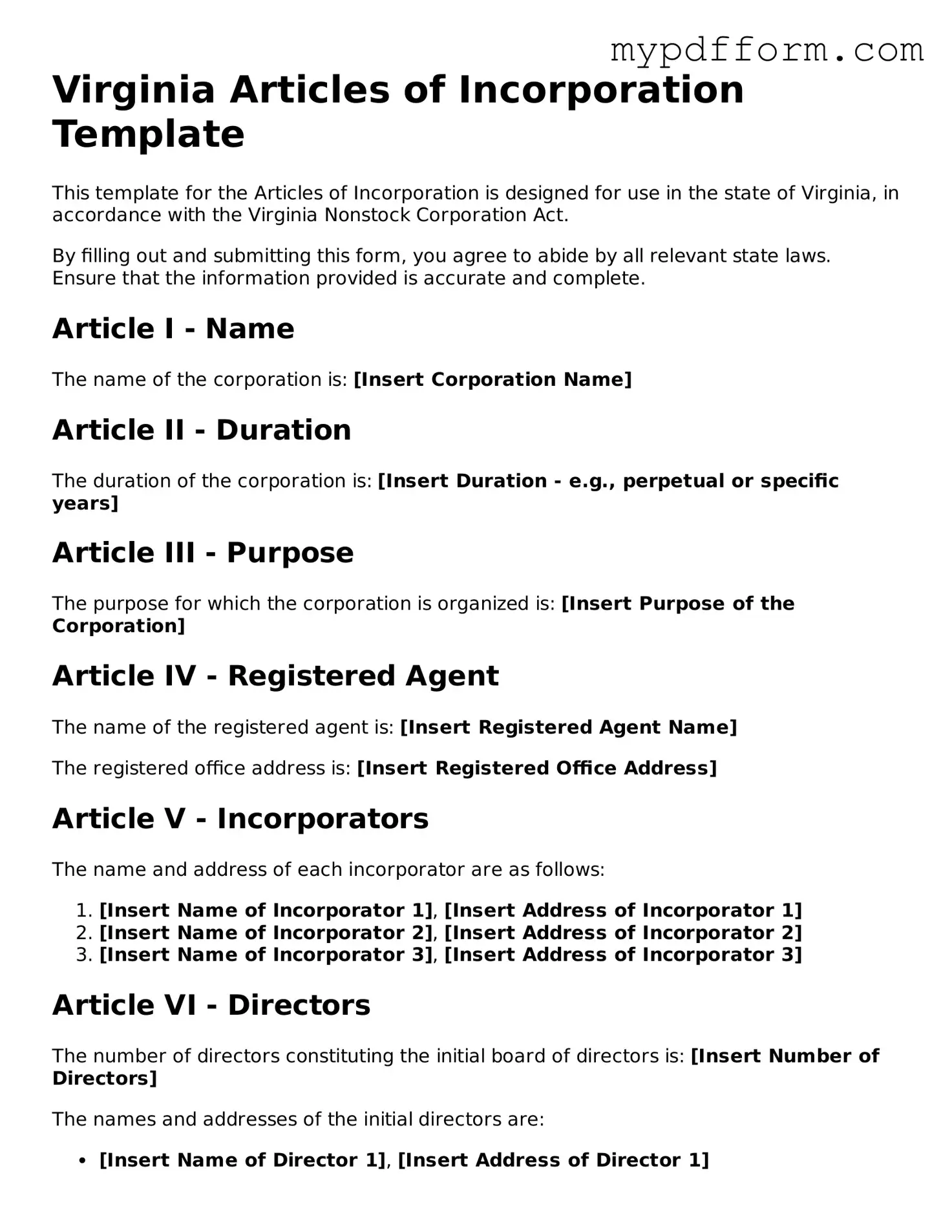Valid  Articles of Incorporation Template for Virginia