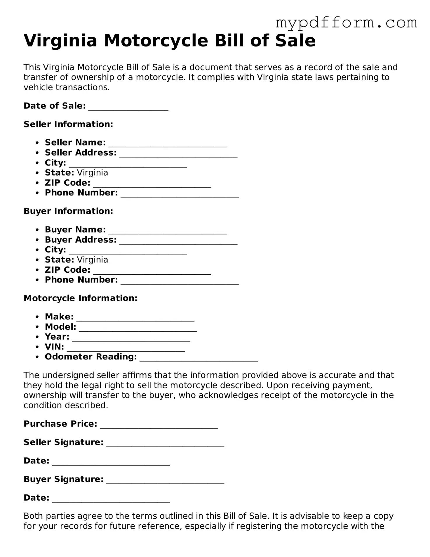 Valid  Motorcycle Bill of Sale Template for Virginia
