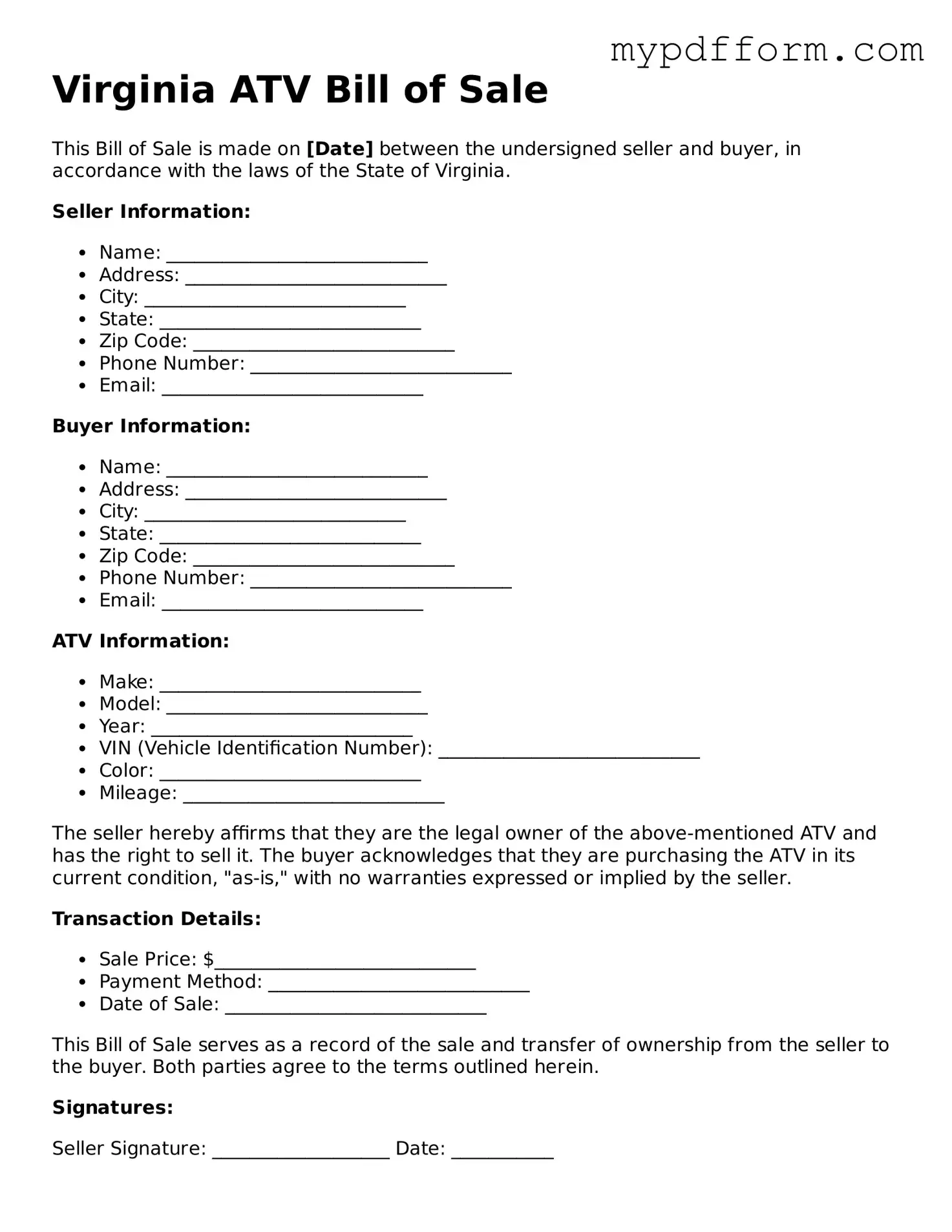 Valid  ATV Bill of Sale Template for Virginia