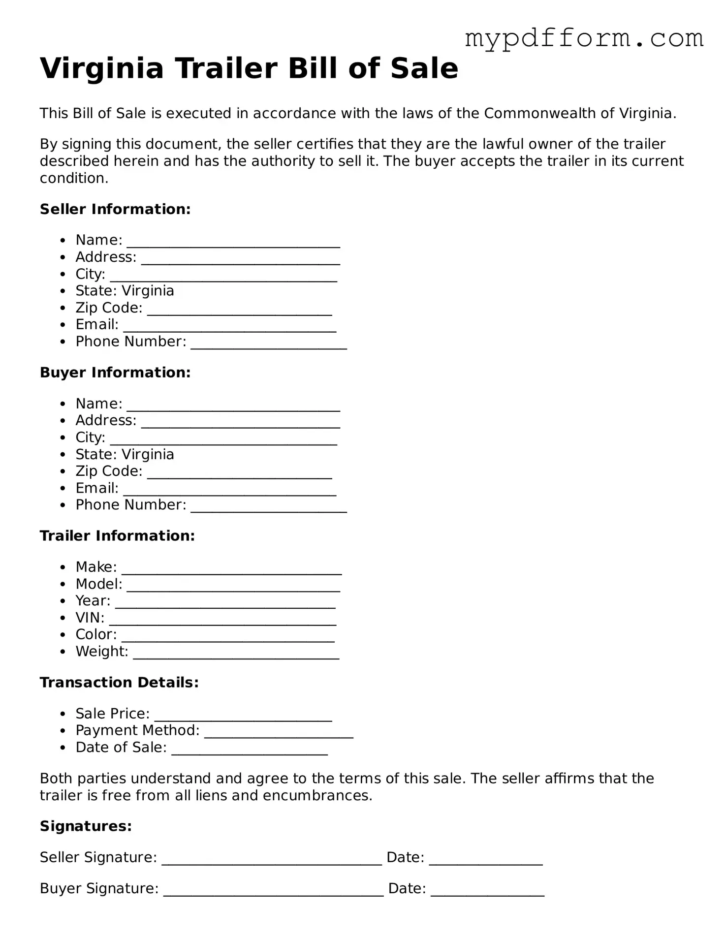 Valid  Trailer Bill of Sale Template for Virginia