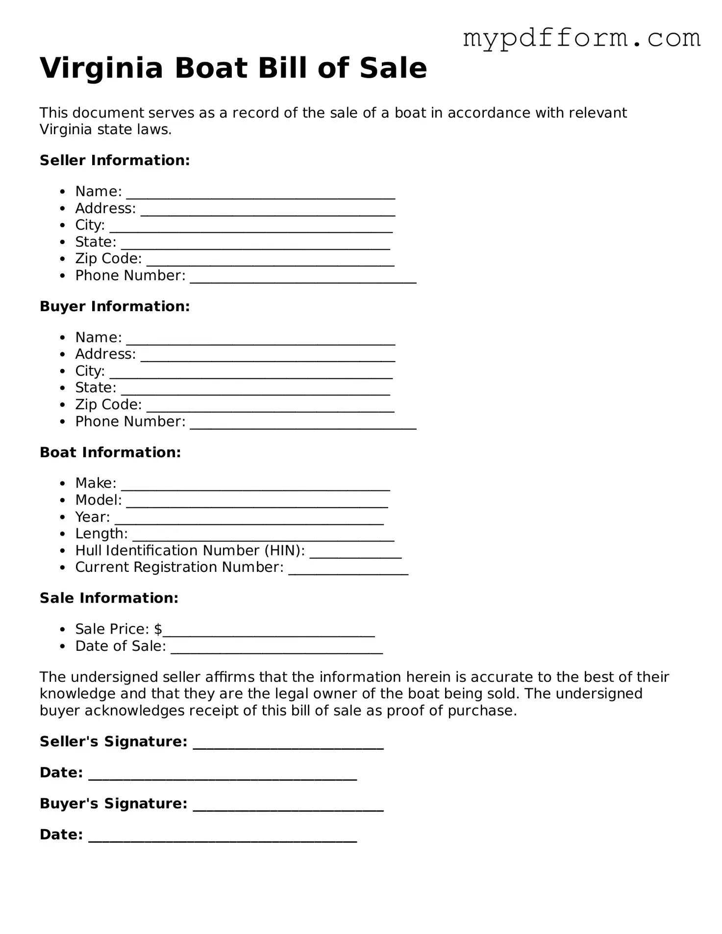 Valid  Boat Bill of Sale Template for Virginia