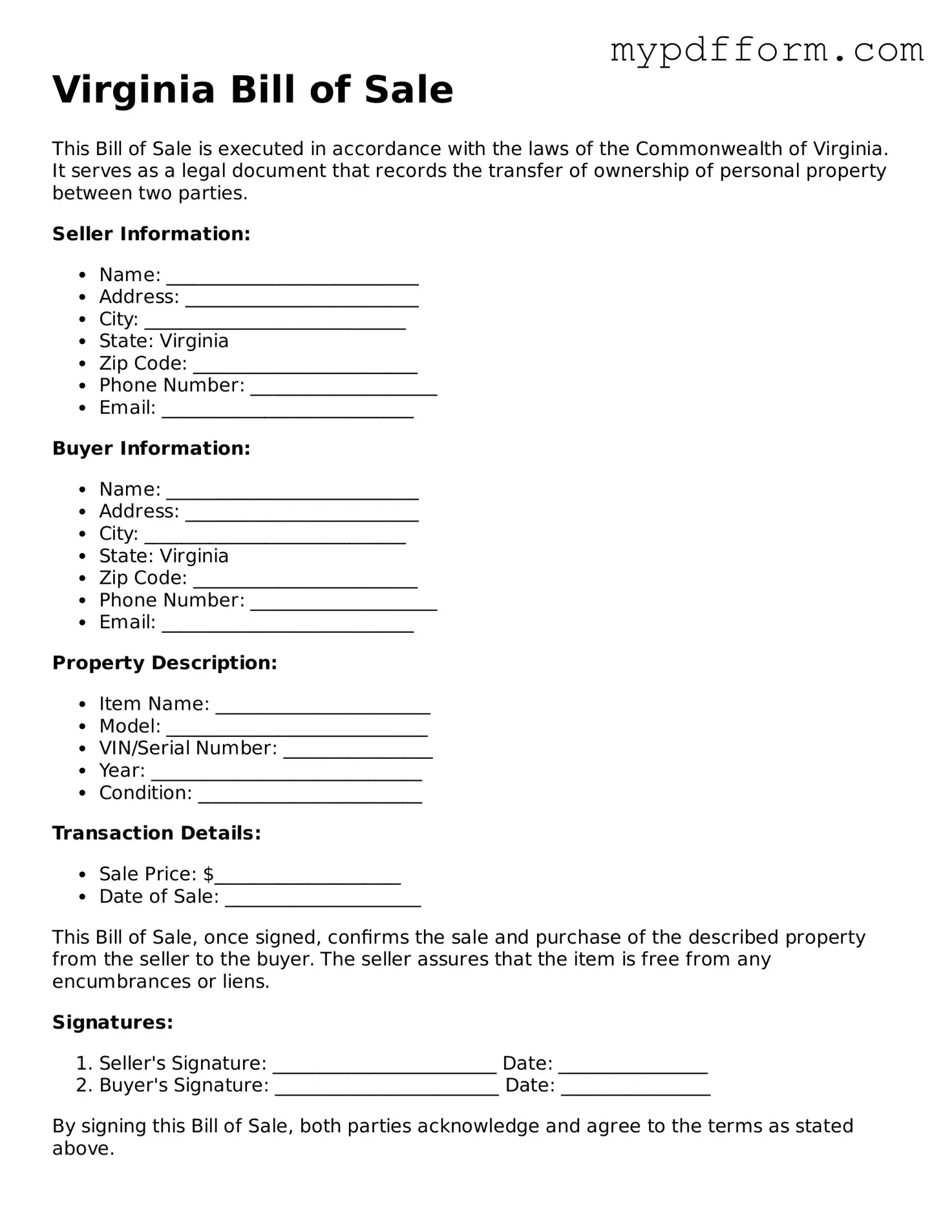 Valid  Bill of Sale Template for Virginia