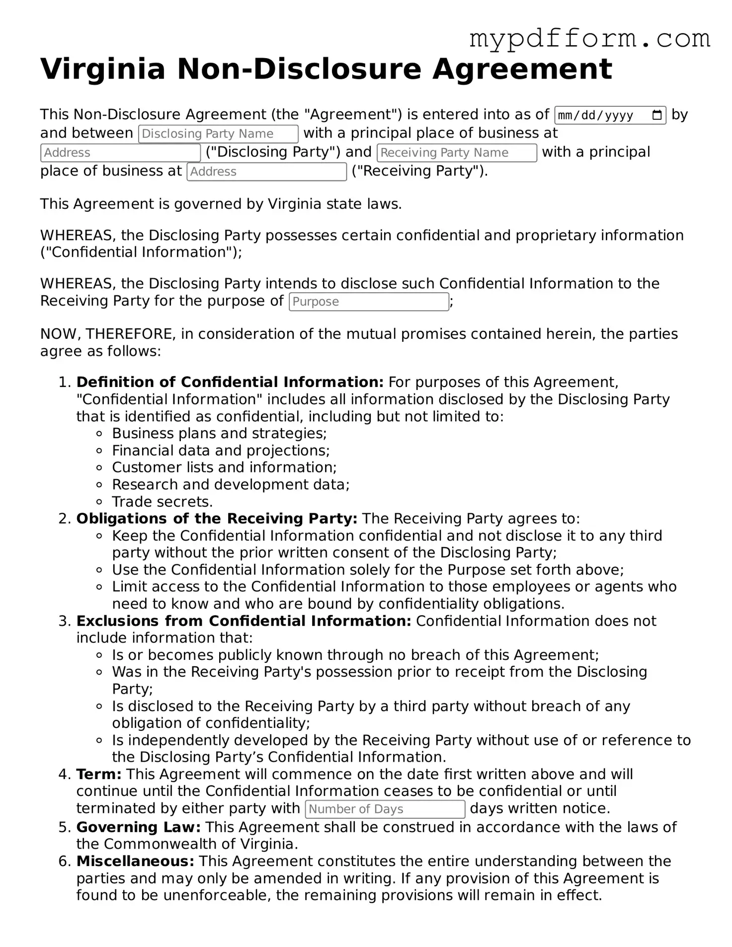 Valid  Non-disclosure Agreement Template for Virginia