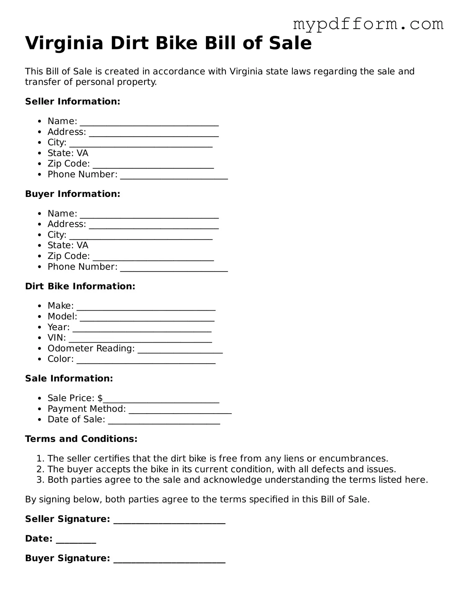 Valid  Dirt Bike Bill of Sale Template for Virginia