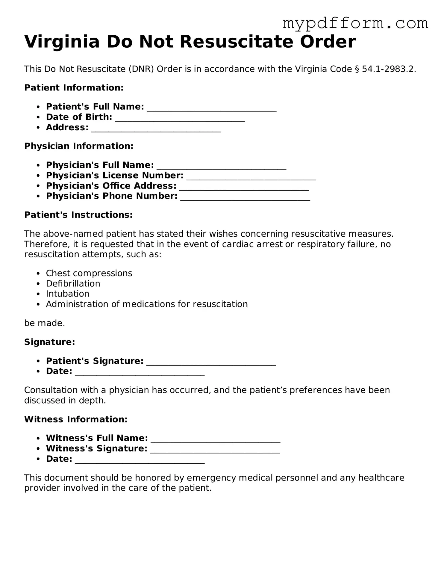 Valid  Do Not Resuscitate Order Template for Virginia
