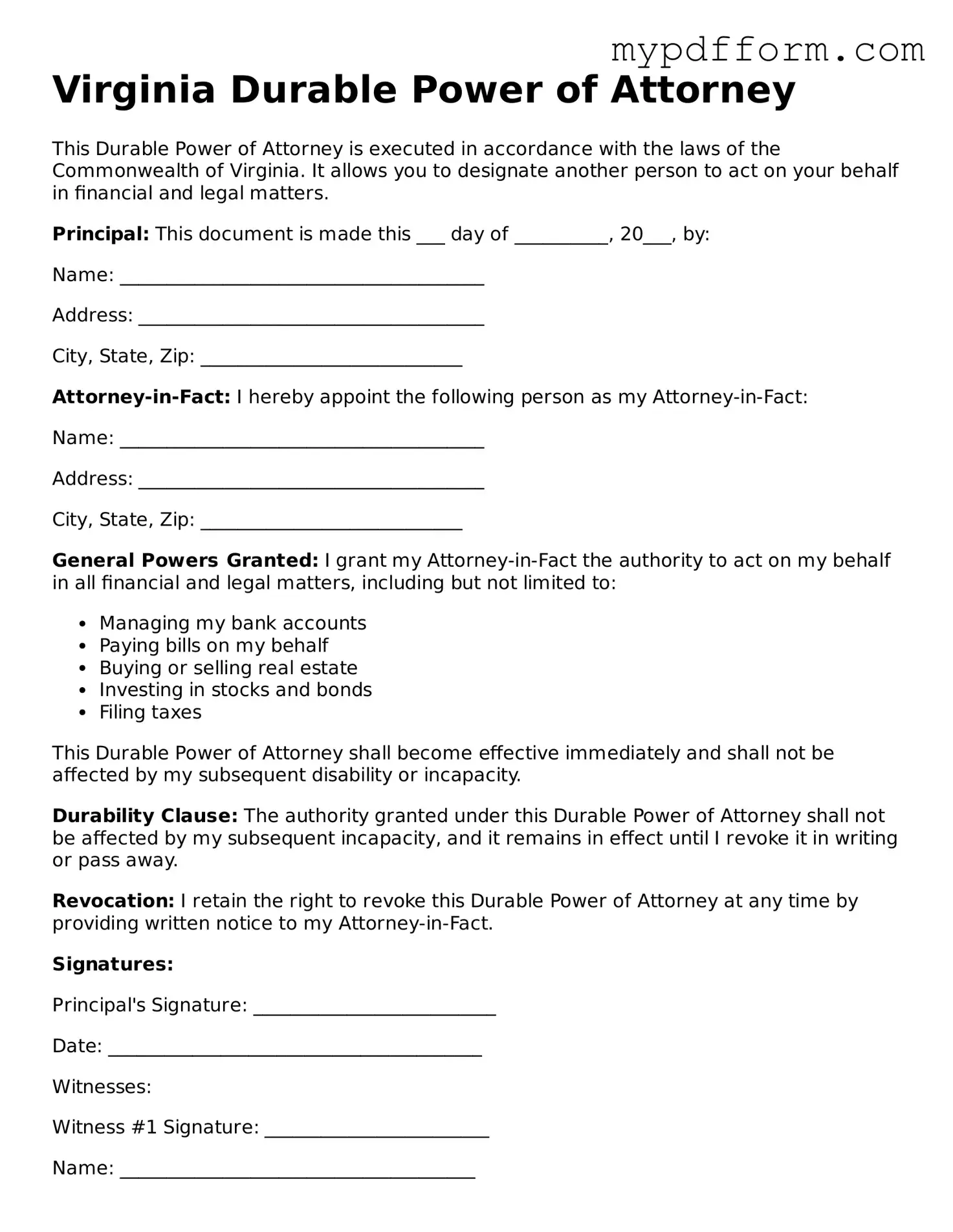 Valid  Durable Power of Attorney Template for Virginia