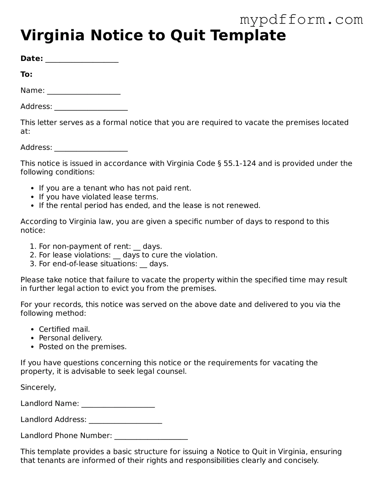 Valid  Notice to Quit Template for Virginia
