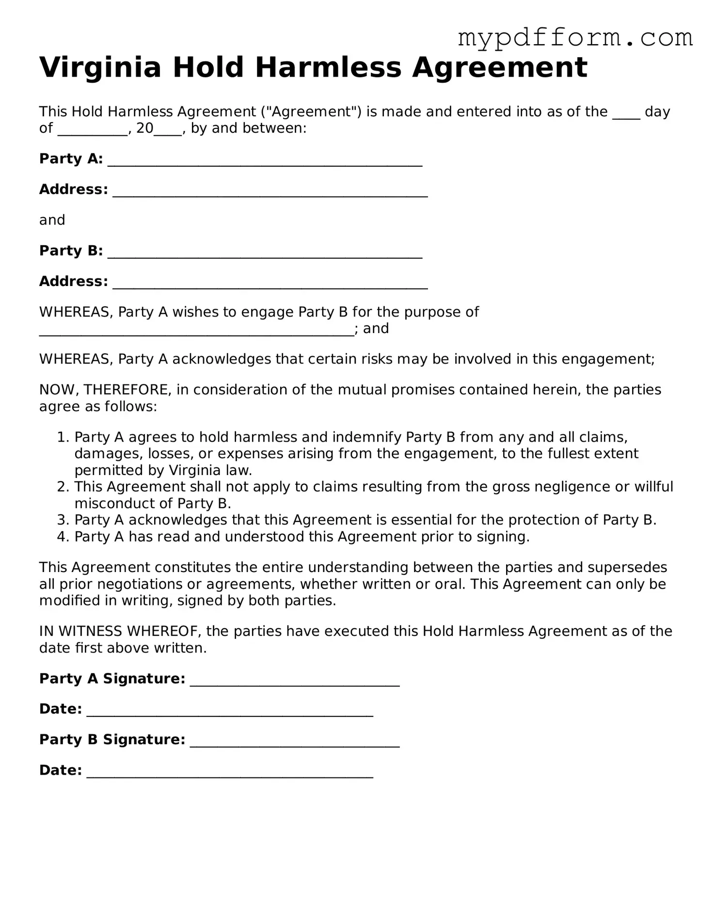 Valid  Hold Harmless Agreement Template for Virginia