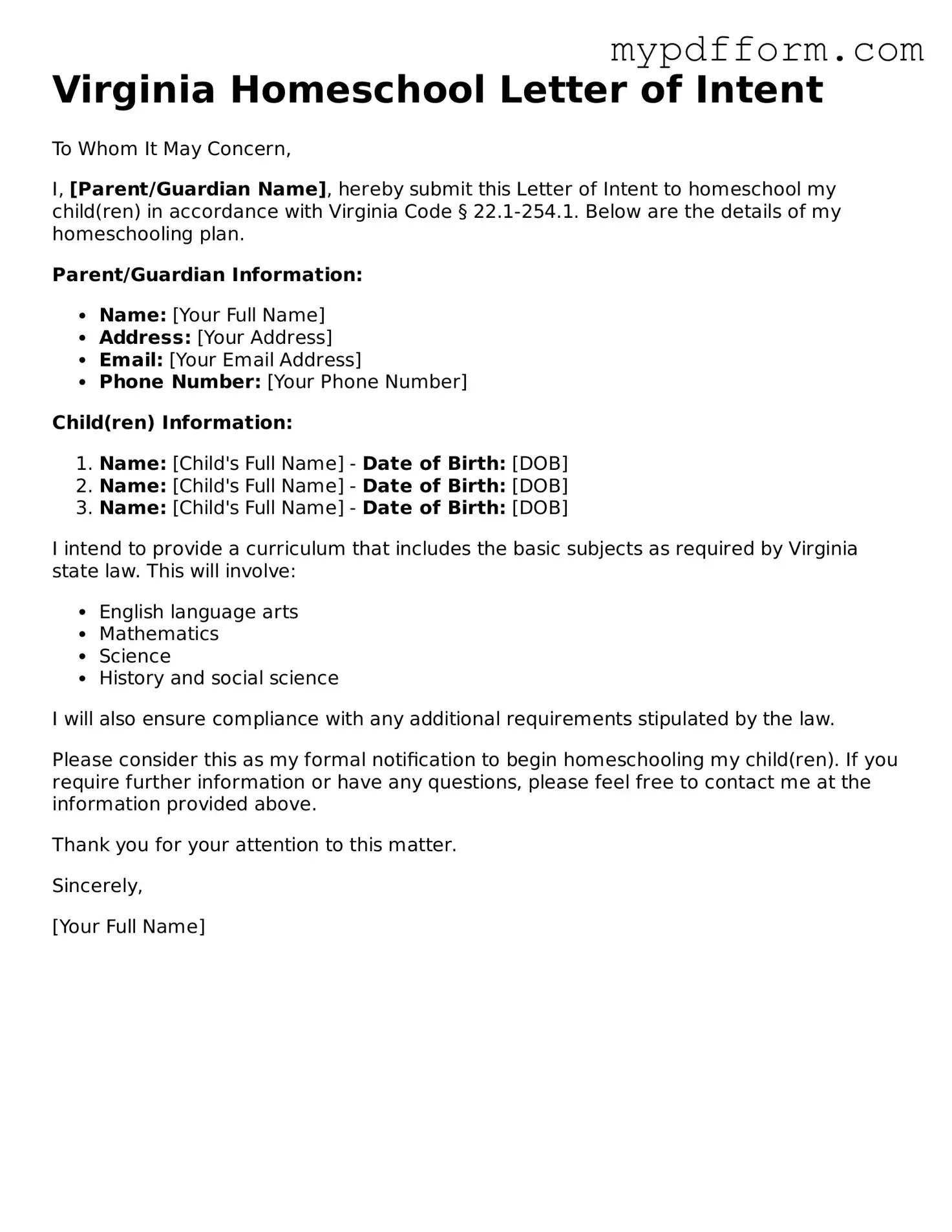 Valid  Homeschool Letter of Intent Template for Virginia