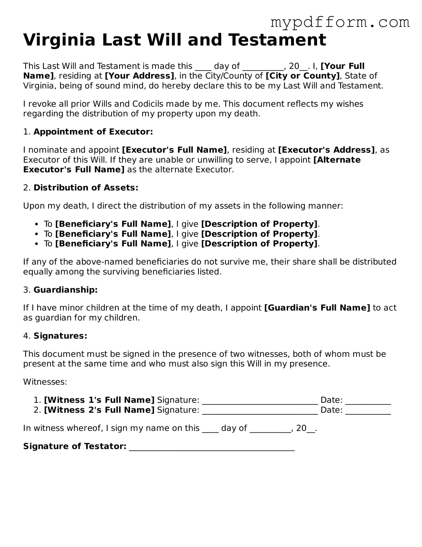 Valid  Last Will and Testament Template for Virginia