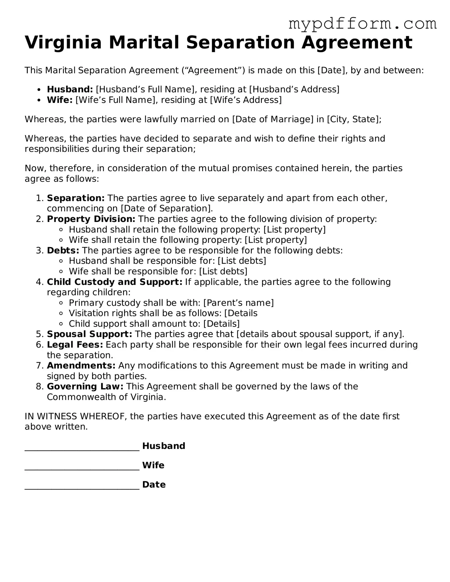 Valid  Marital Separation Agreement Template for Virginia