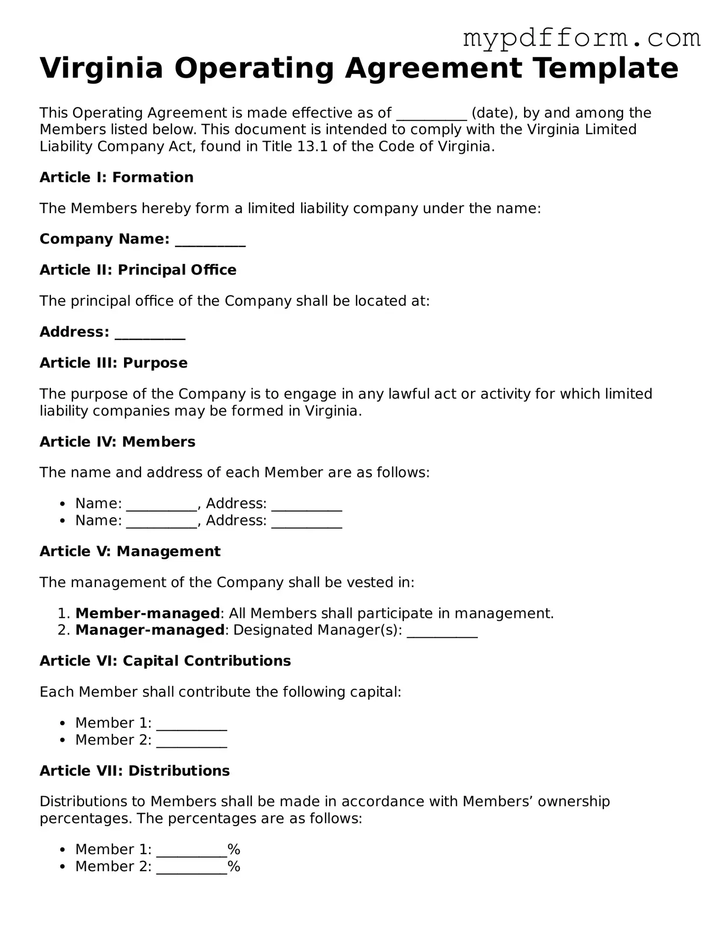 Valid  Operating Agreement Template for Virginia