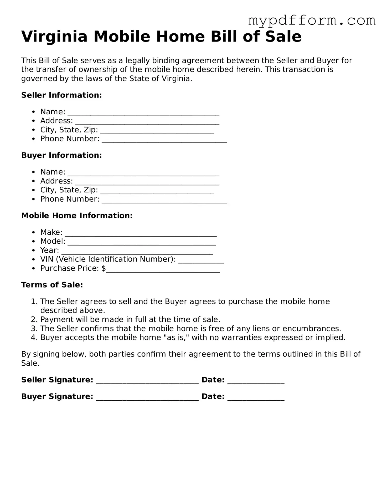 Valid  Mobile Home Bill of Sale Template for Virginia