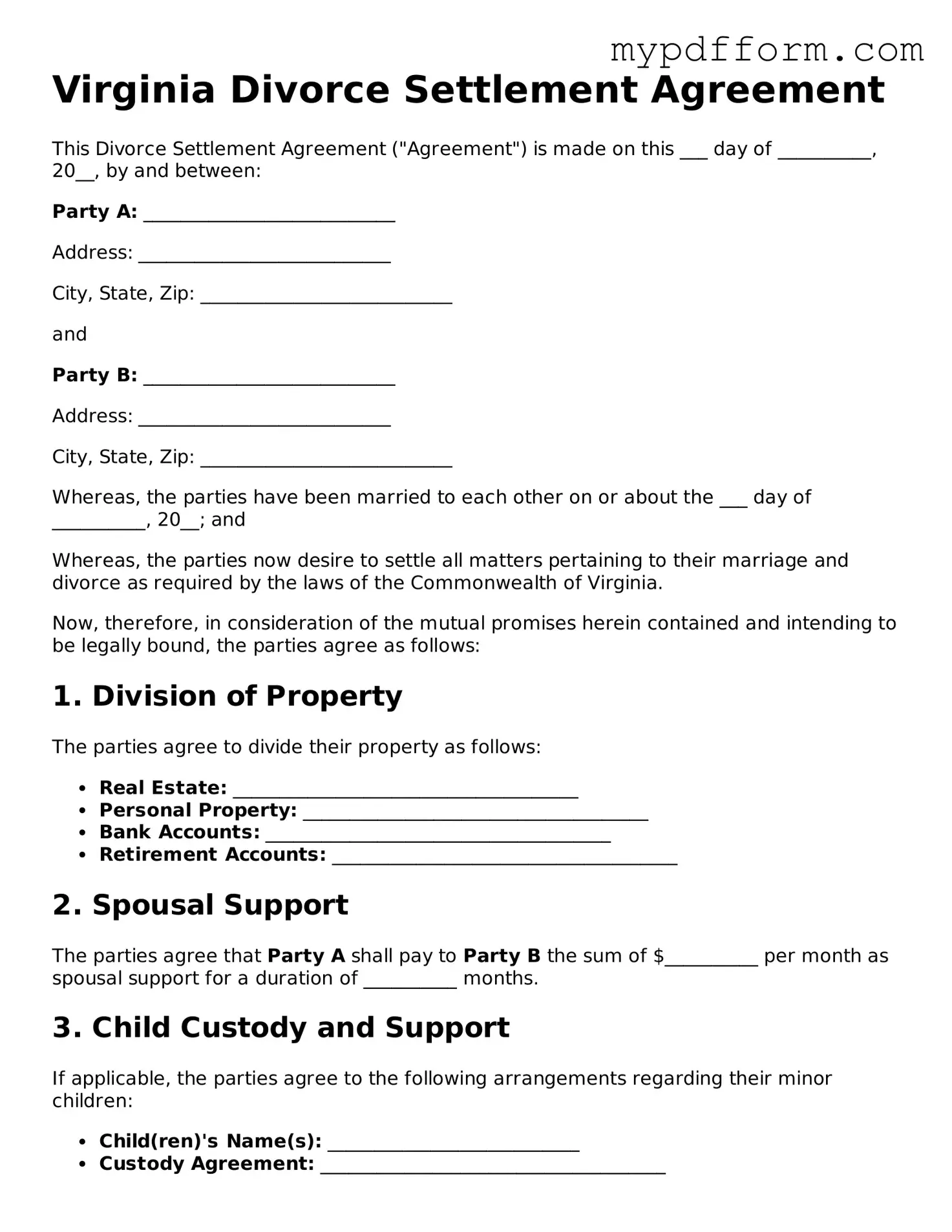 Valid  Divorce Settlement Agreement Template for Virginia