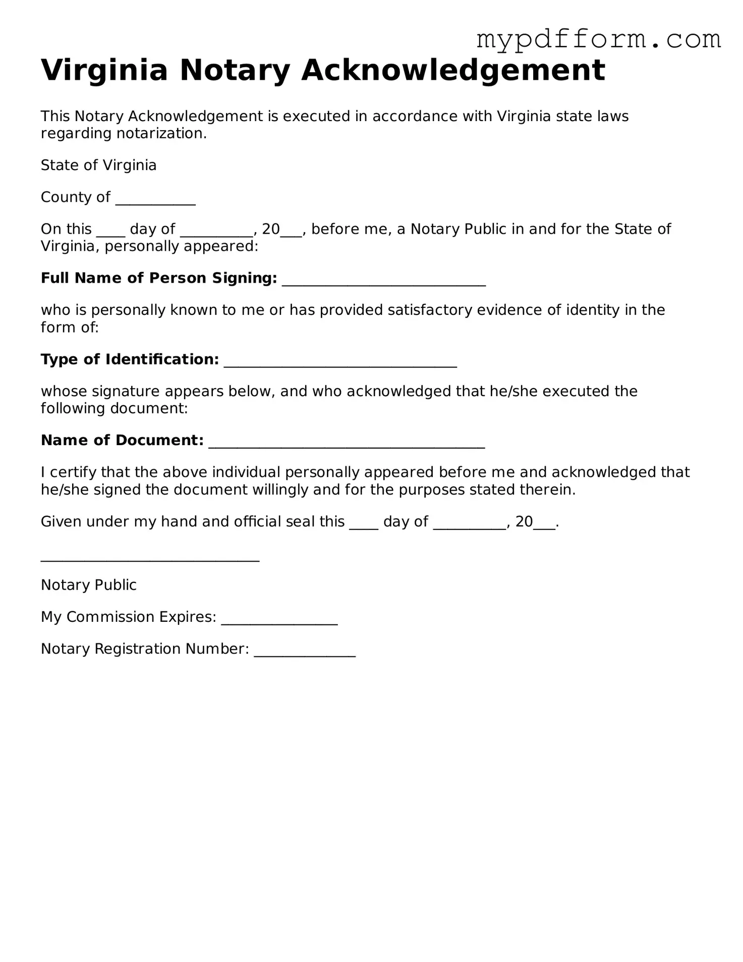 Valid  Notary Acknowledgement Template for Virginia