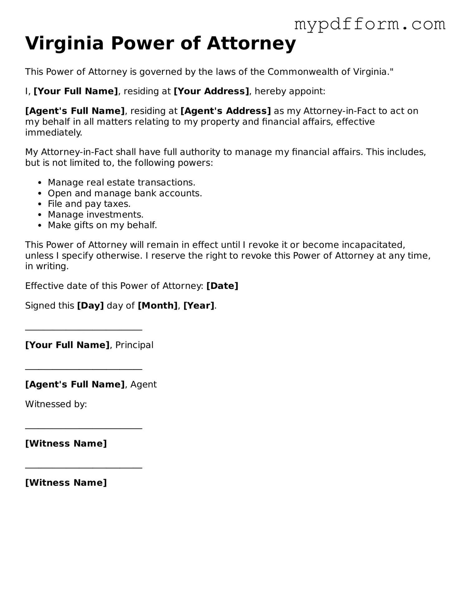 Valid  Power of Attorney Template for Virginia