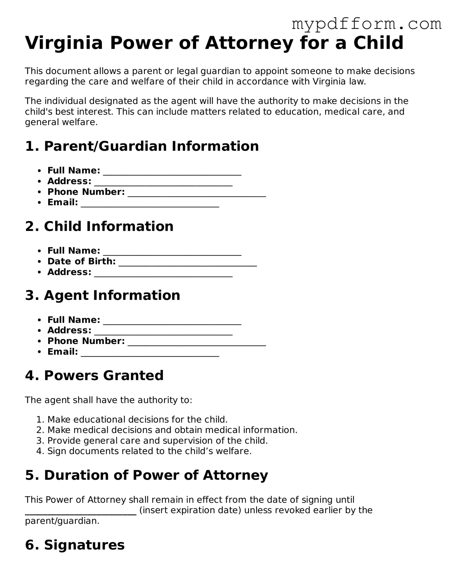 Valid  Power of Attorney for a Child Template for Virginia