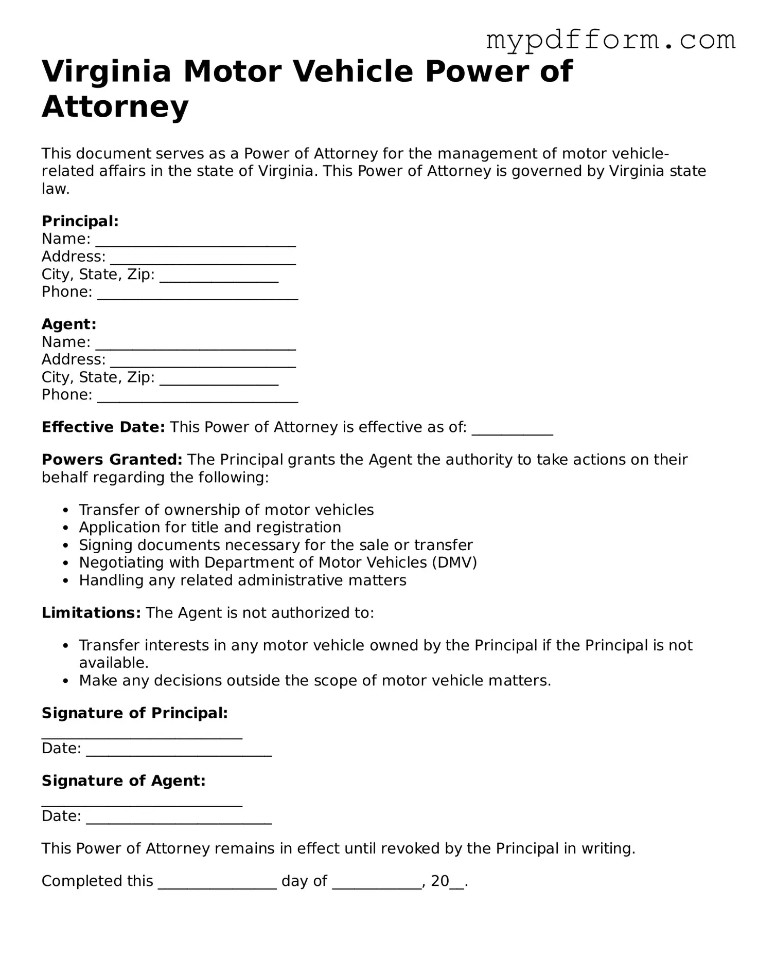Valid  Motor Vehicle Power of Attorney Template for Virginia