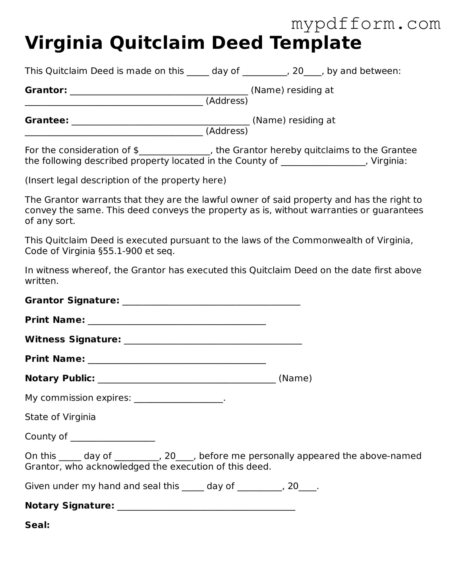 Valid  Quitclaim Deed Template for Virginia