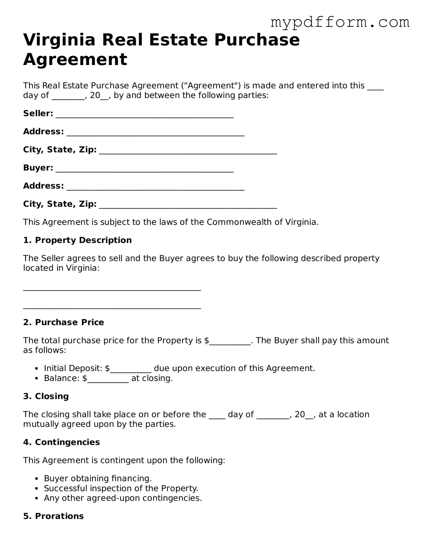 Valid  Real Estate Purchase Agreement Template for Virginia