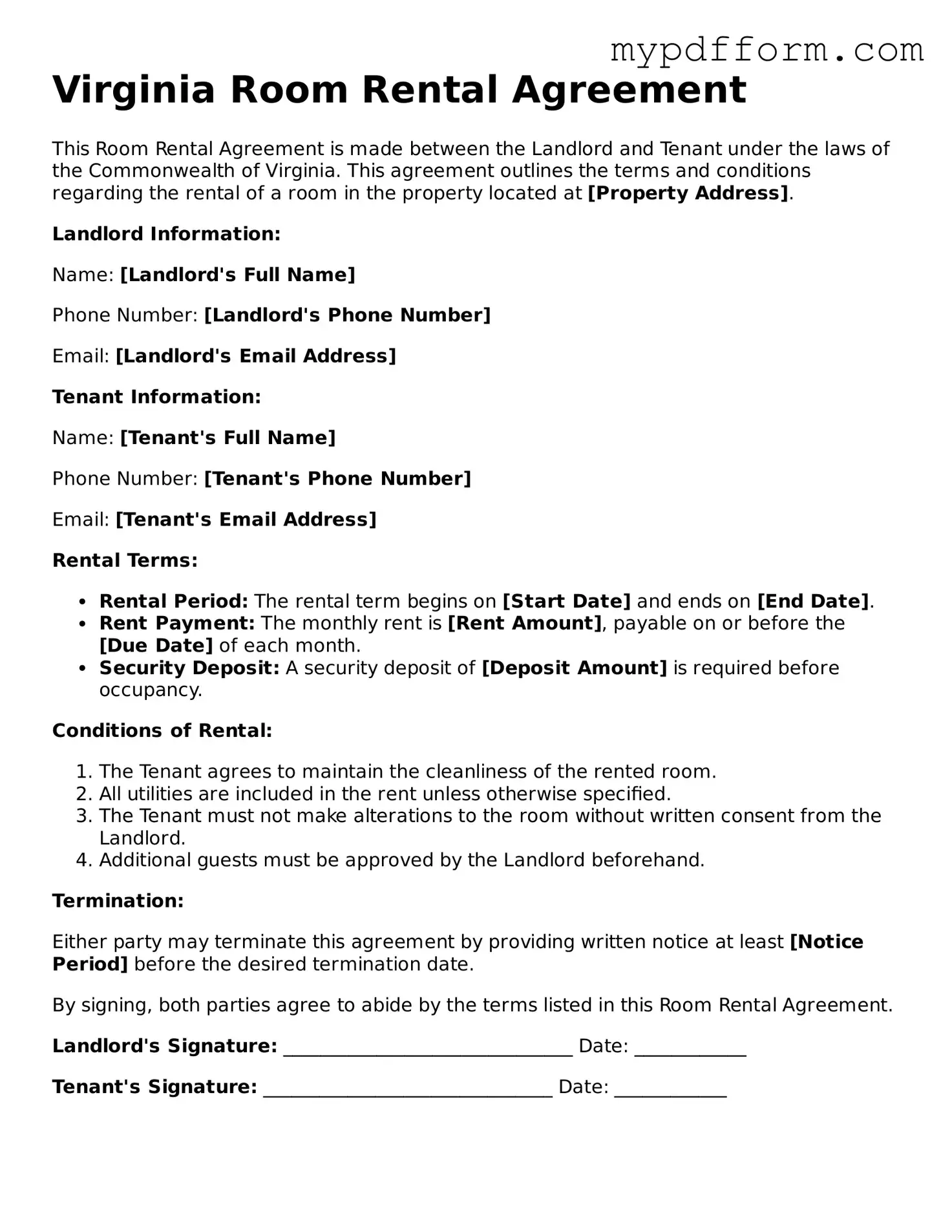 Valid  Room Rental Agreement Template for Virginia
