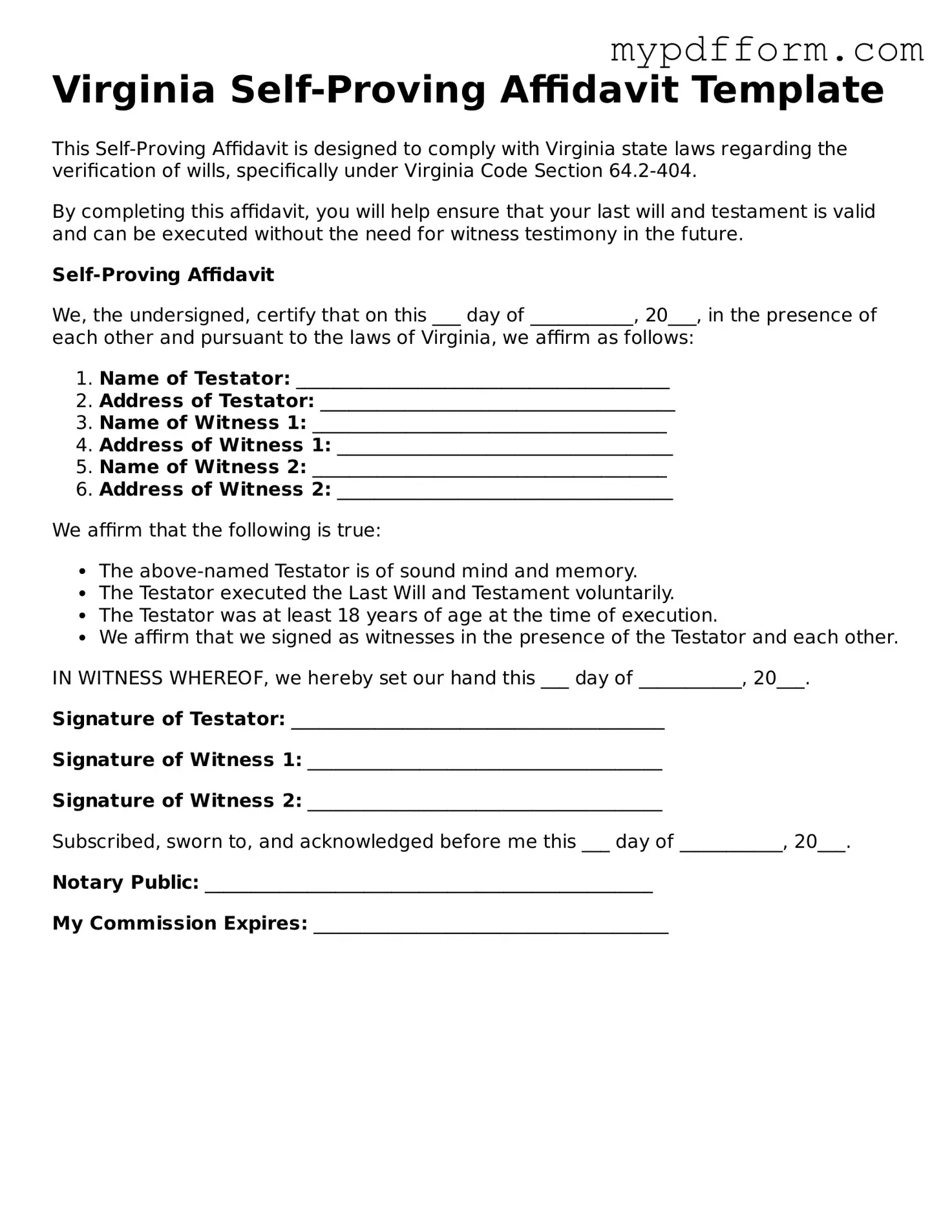 Valid  Self-Proving Affidavit Template for Virginia