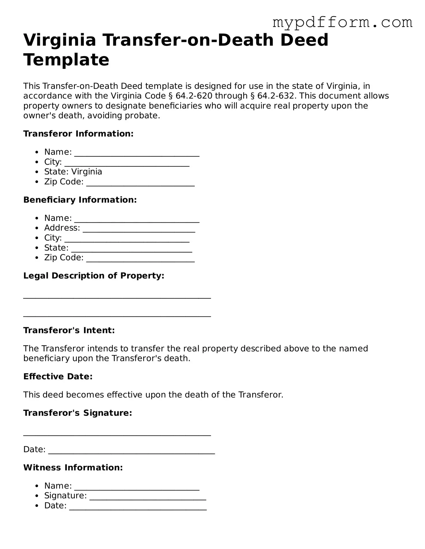 Valid  Transfer-on-Death Deed Template for Virginia