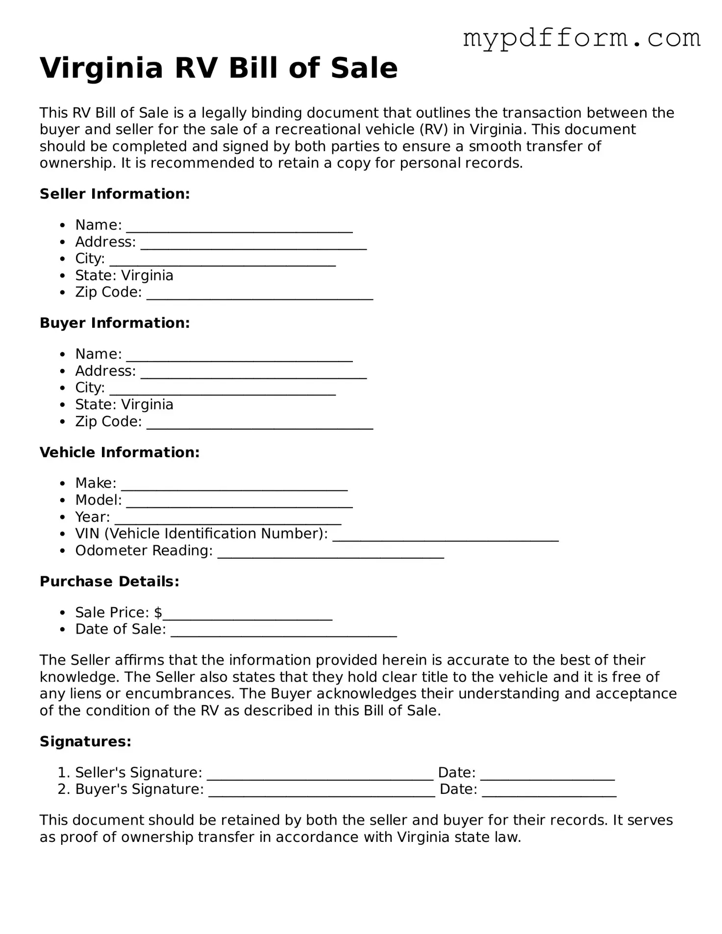 Valid  RV Bill of Sale Template for Virginia
