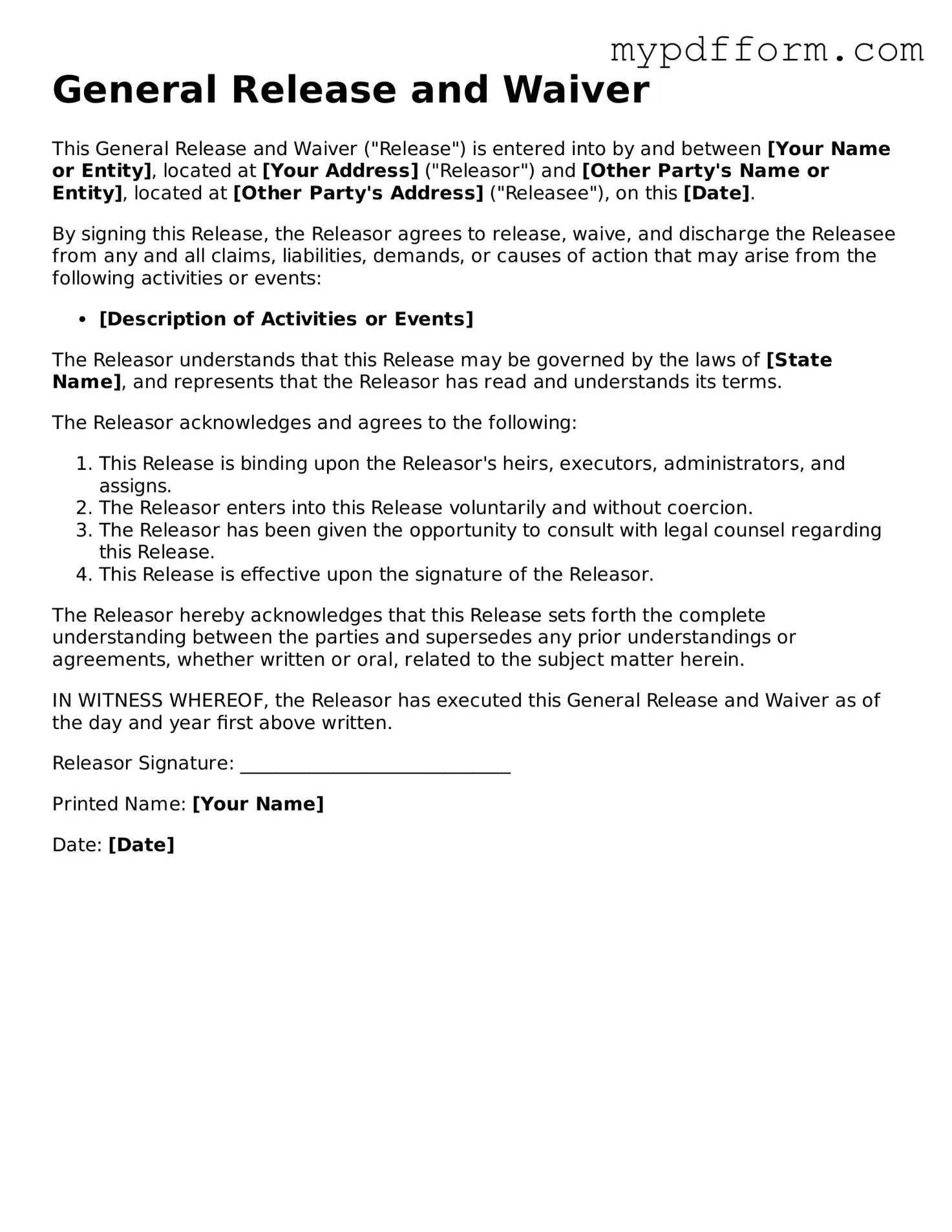Fillable General Release and Waiver Document