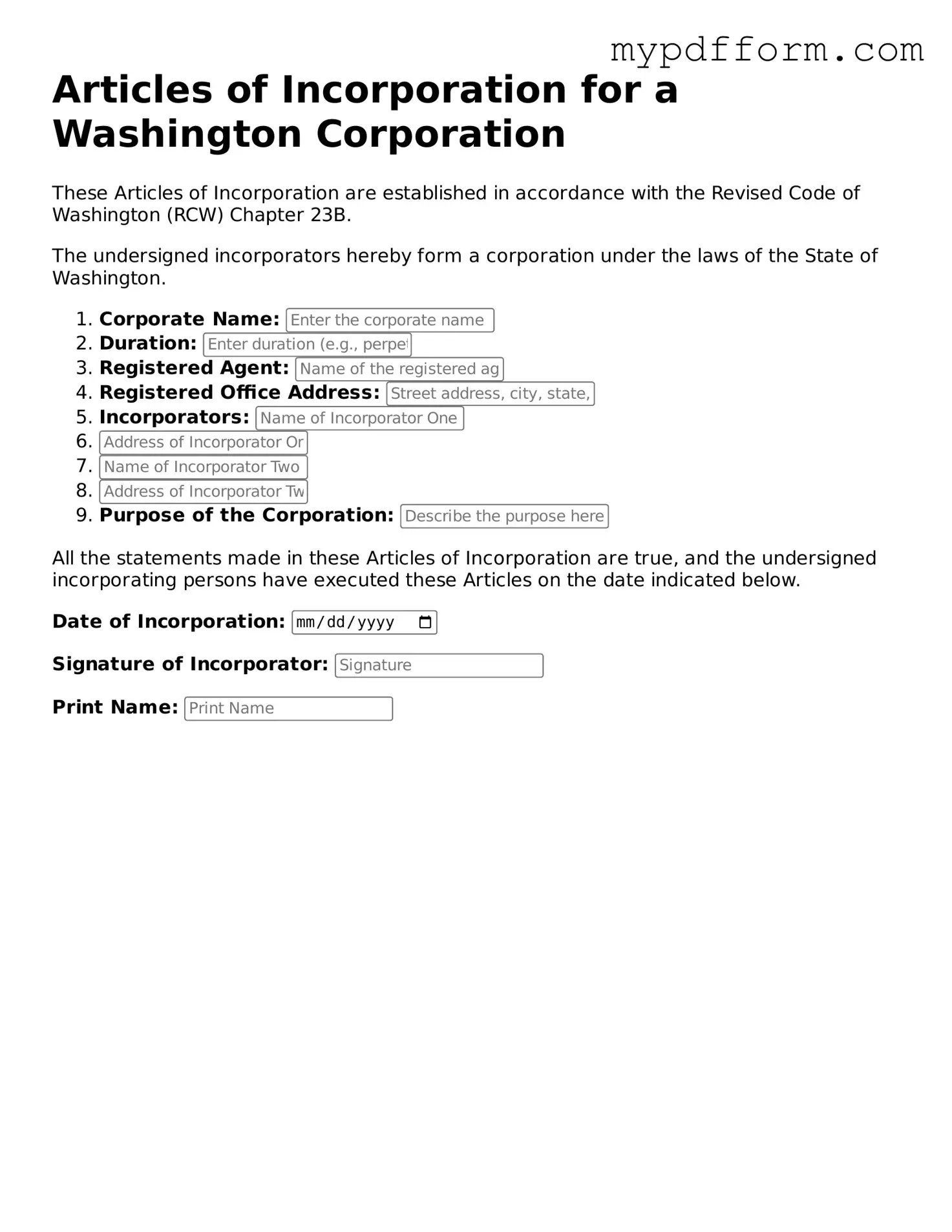 Valid  Articles of Incorporation Template for Washington