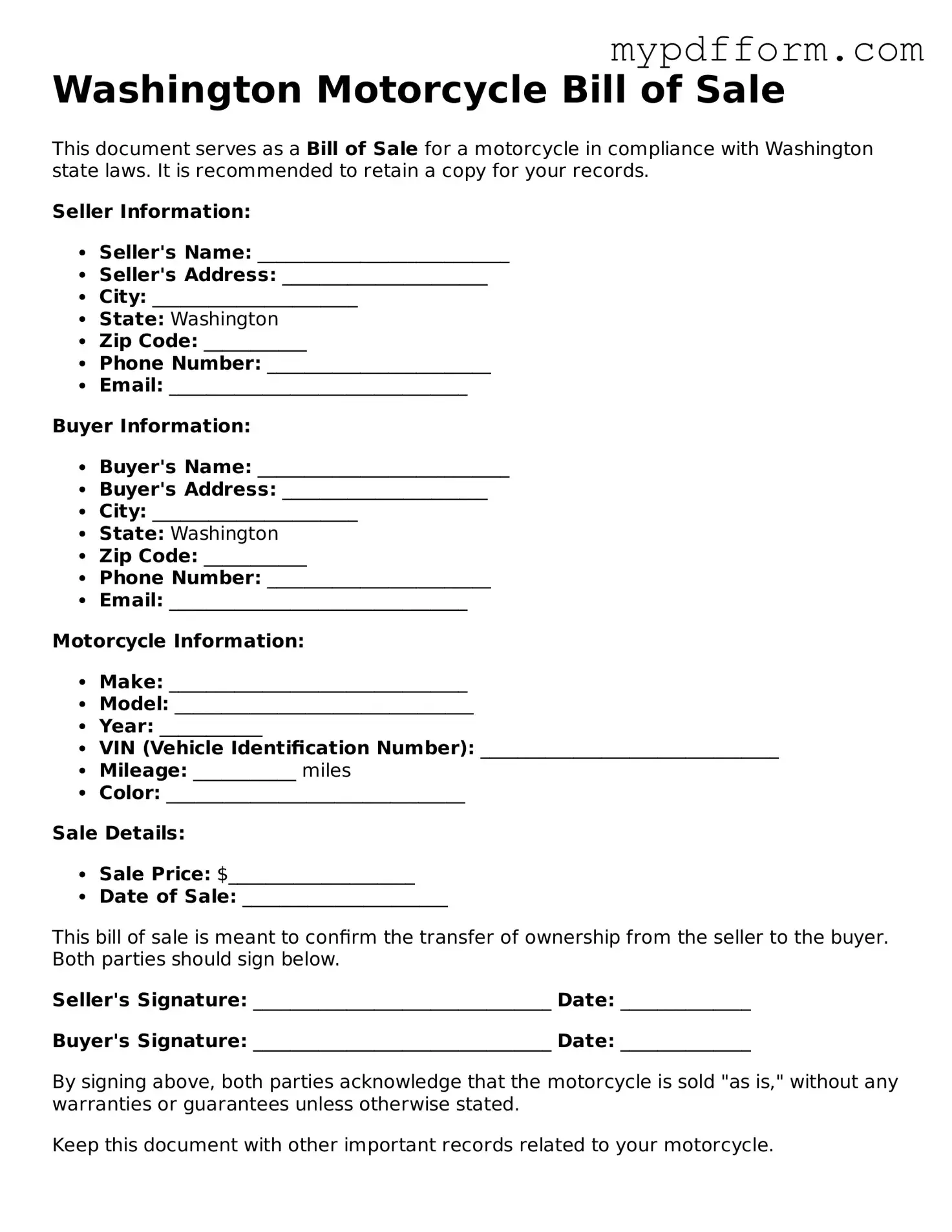 Valid  Motorcycle Bill of Sale Template for Washington