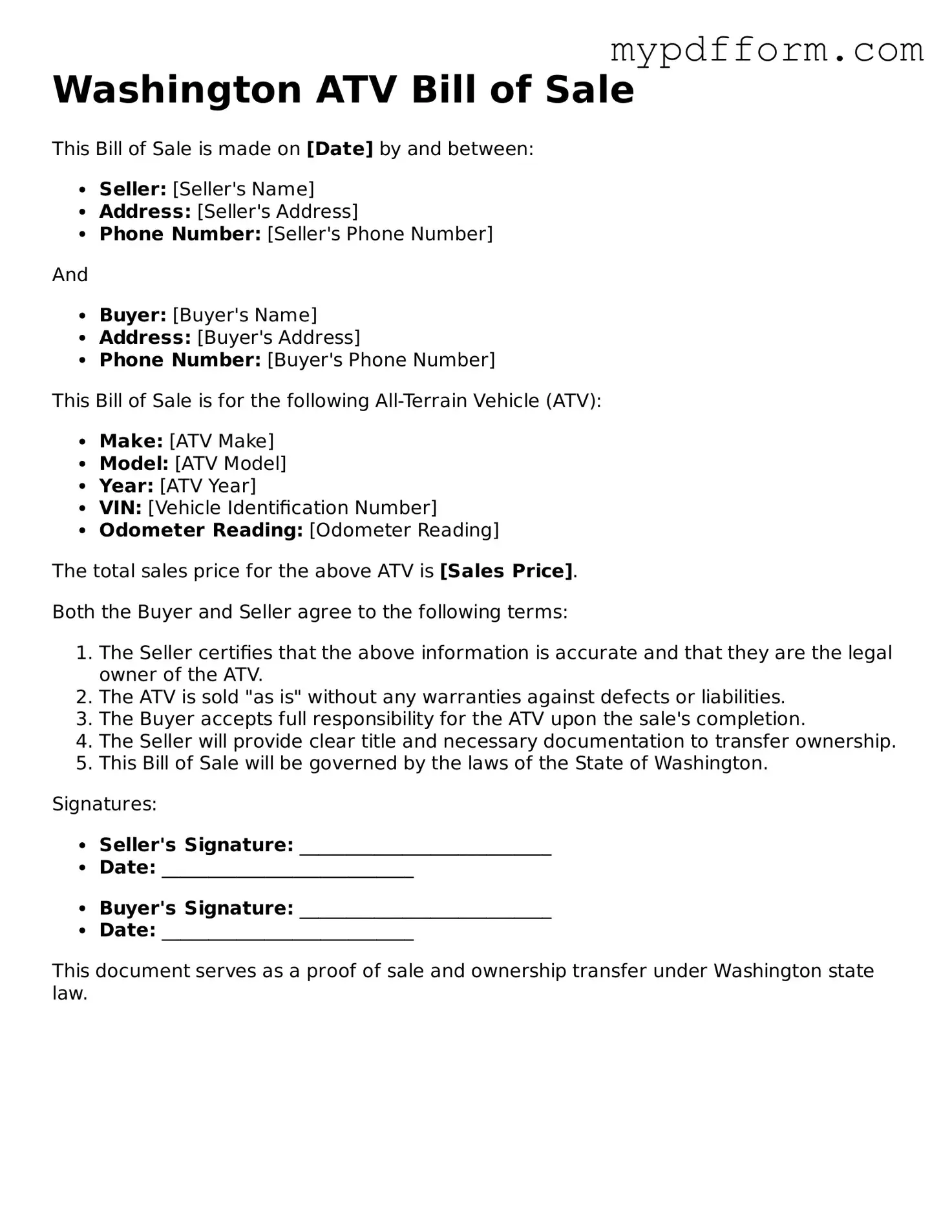 Valid  ATV Bill of Sale Template for Washington