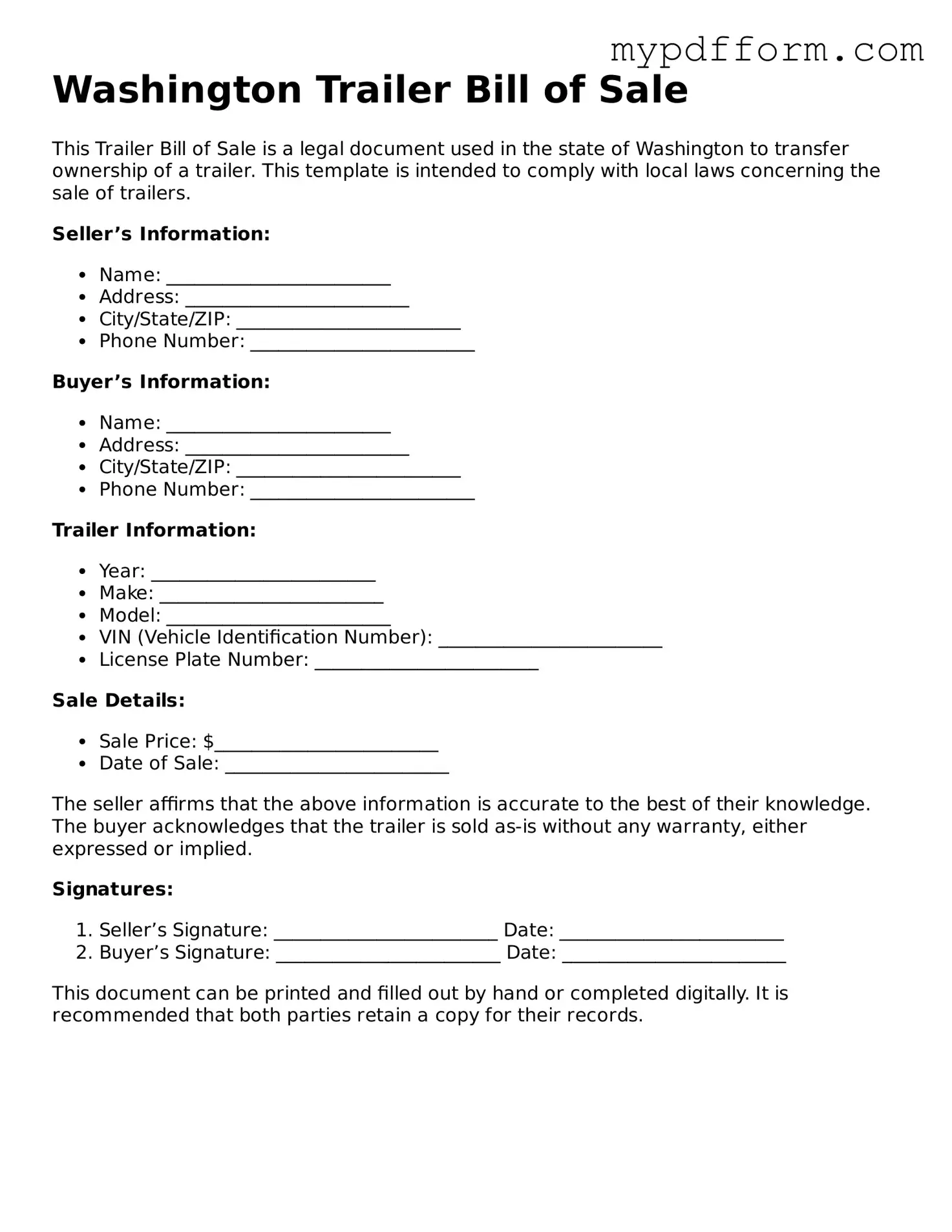 Valid  Trailer Bill of Sale Template for Washington