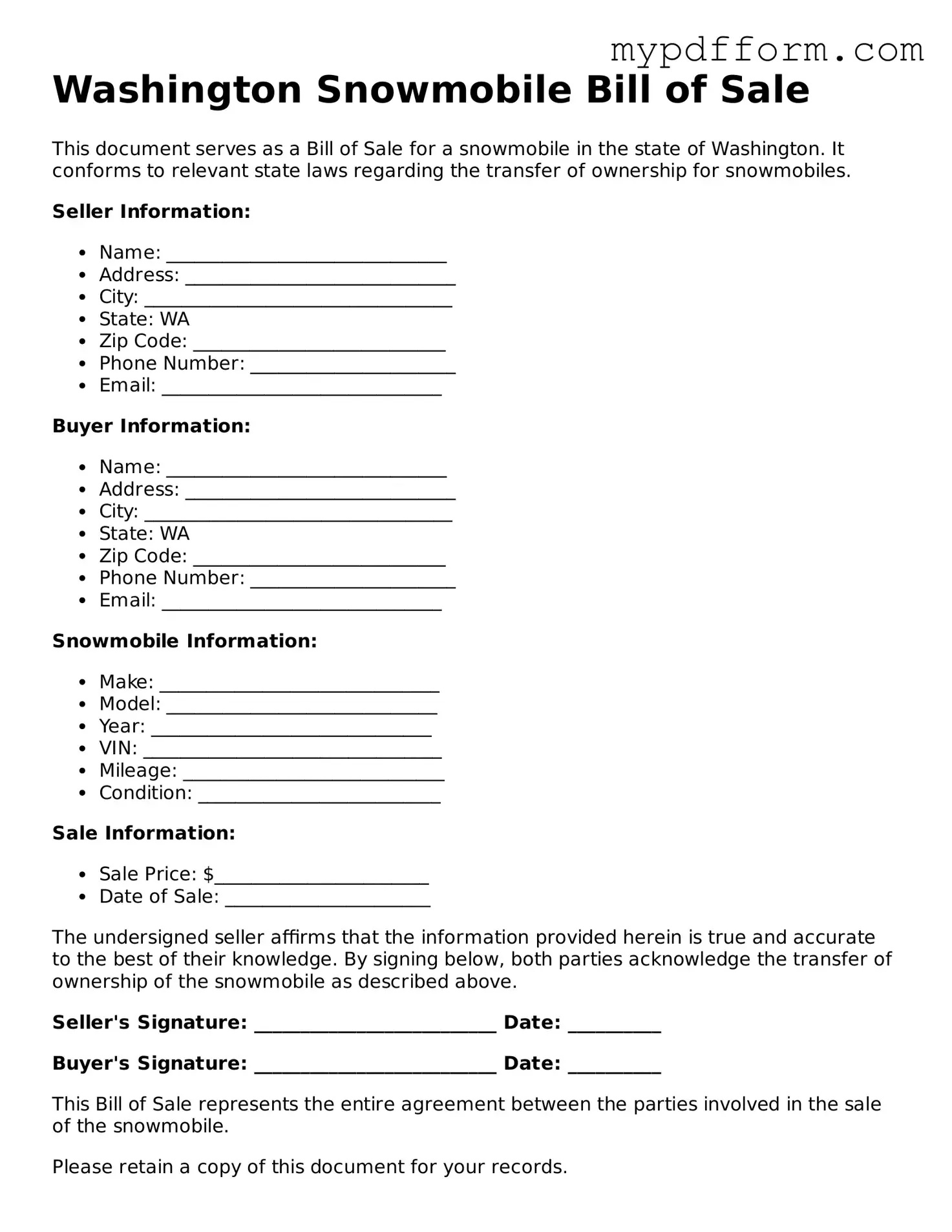 Valid  Snowmobile Bill of Sale Template for Washington