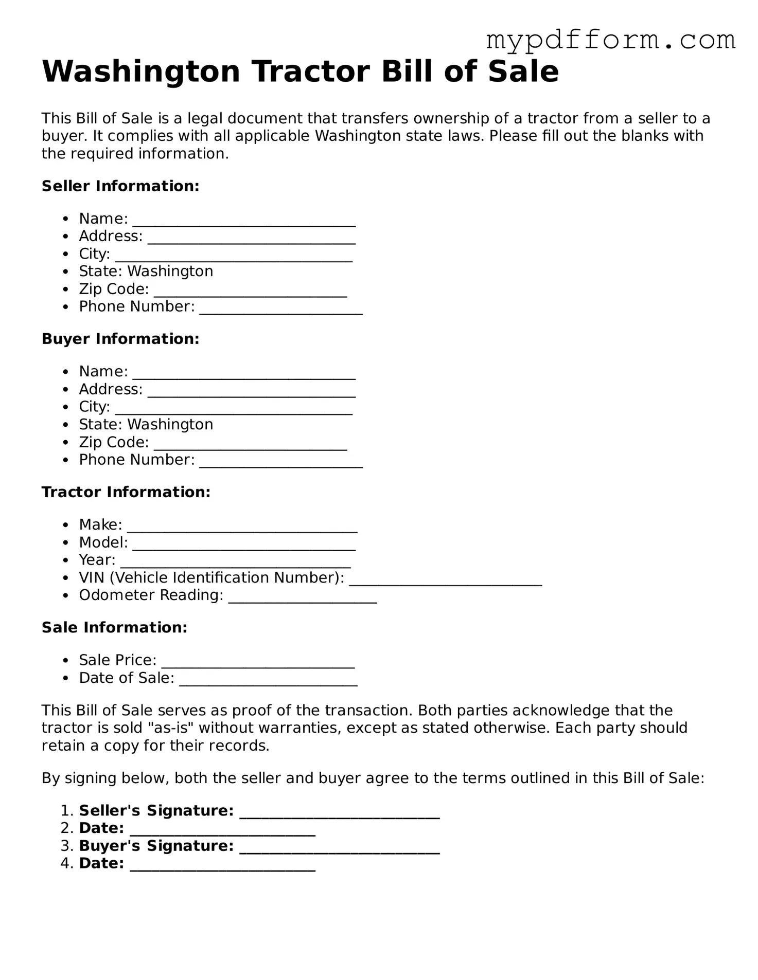 Valid  Tractor Bill of Sale Template for Washington