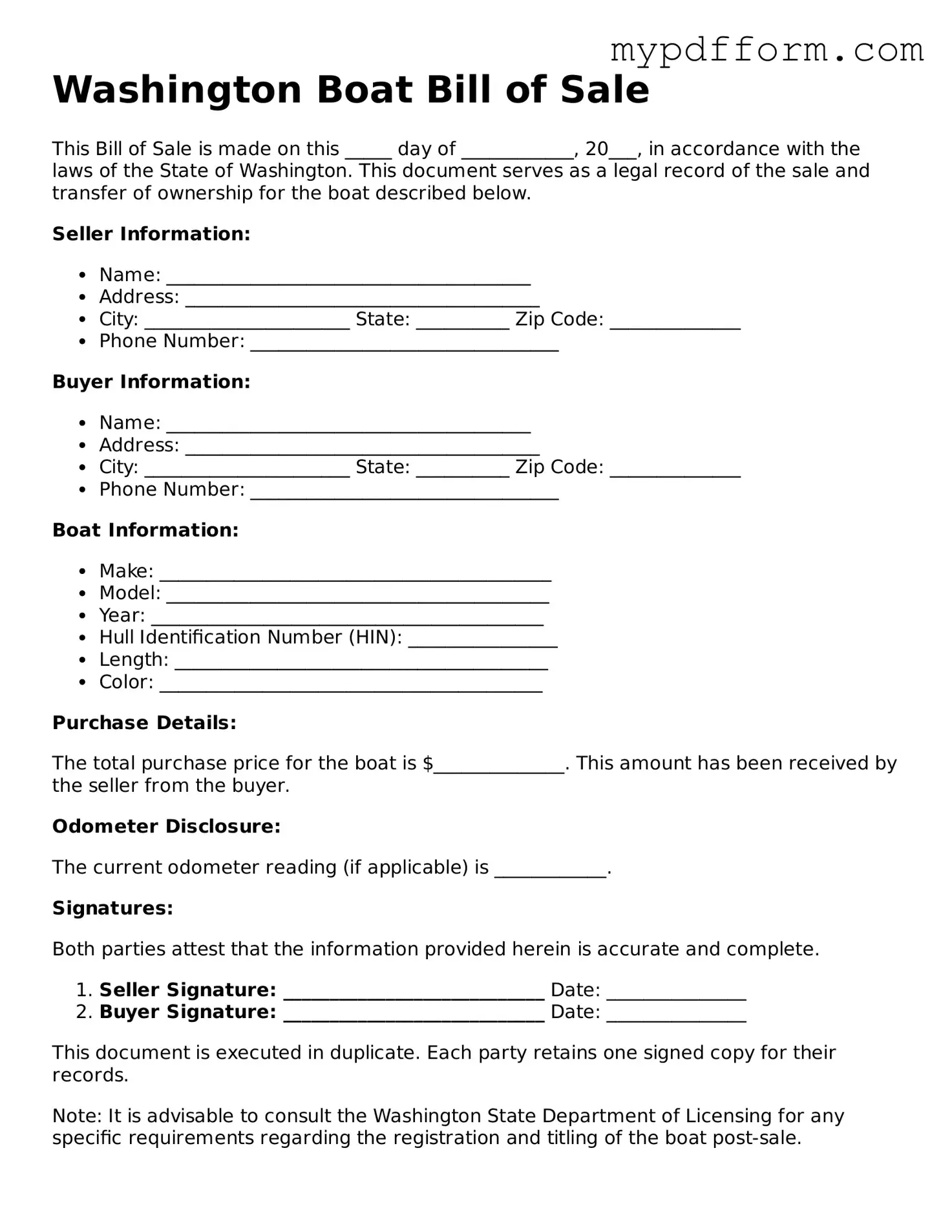 Valid  Boat Bill of Sale Template for Washington