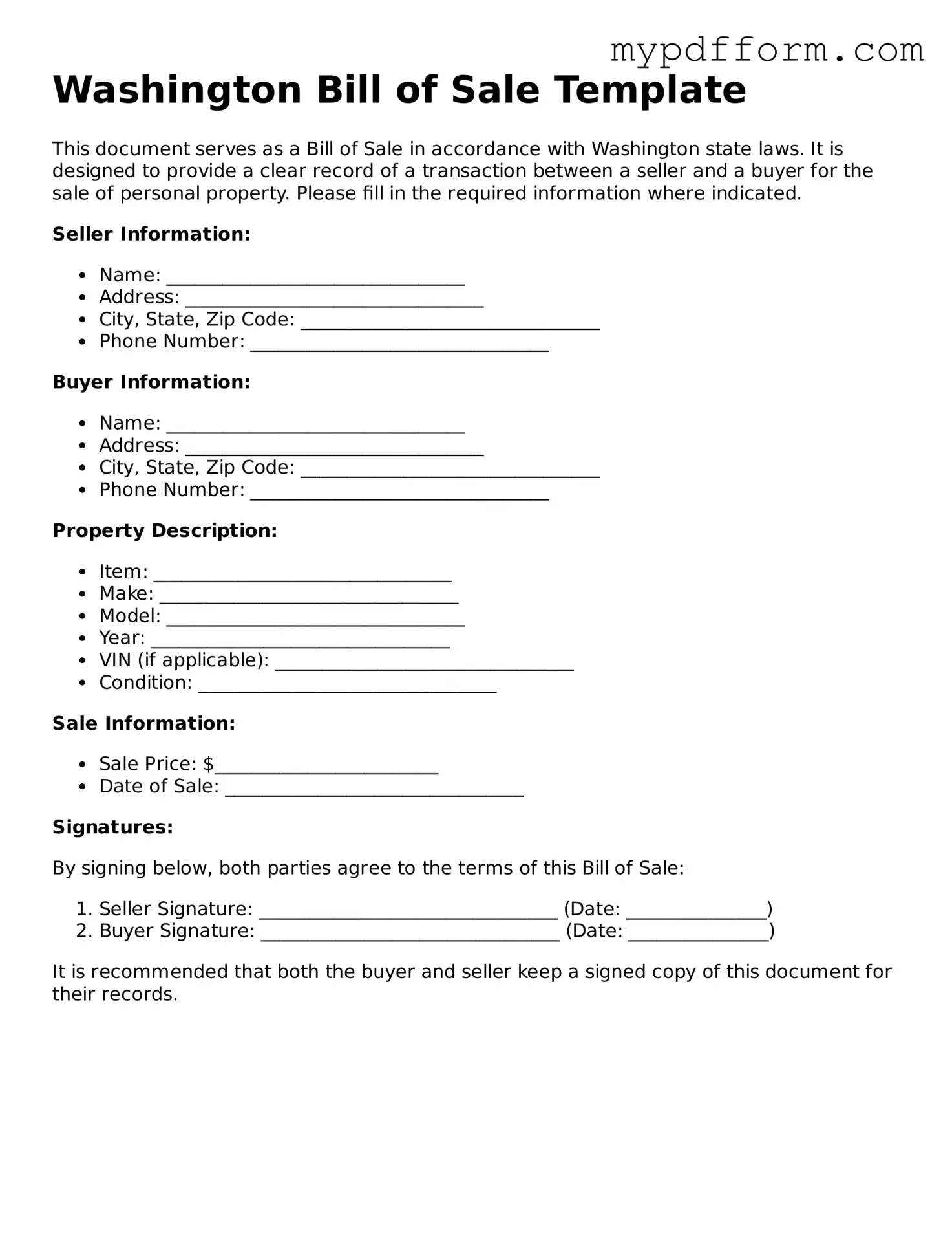 Valid  Bill of Sale Template for Washington