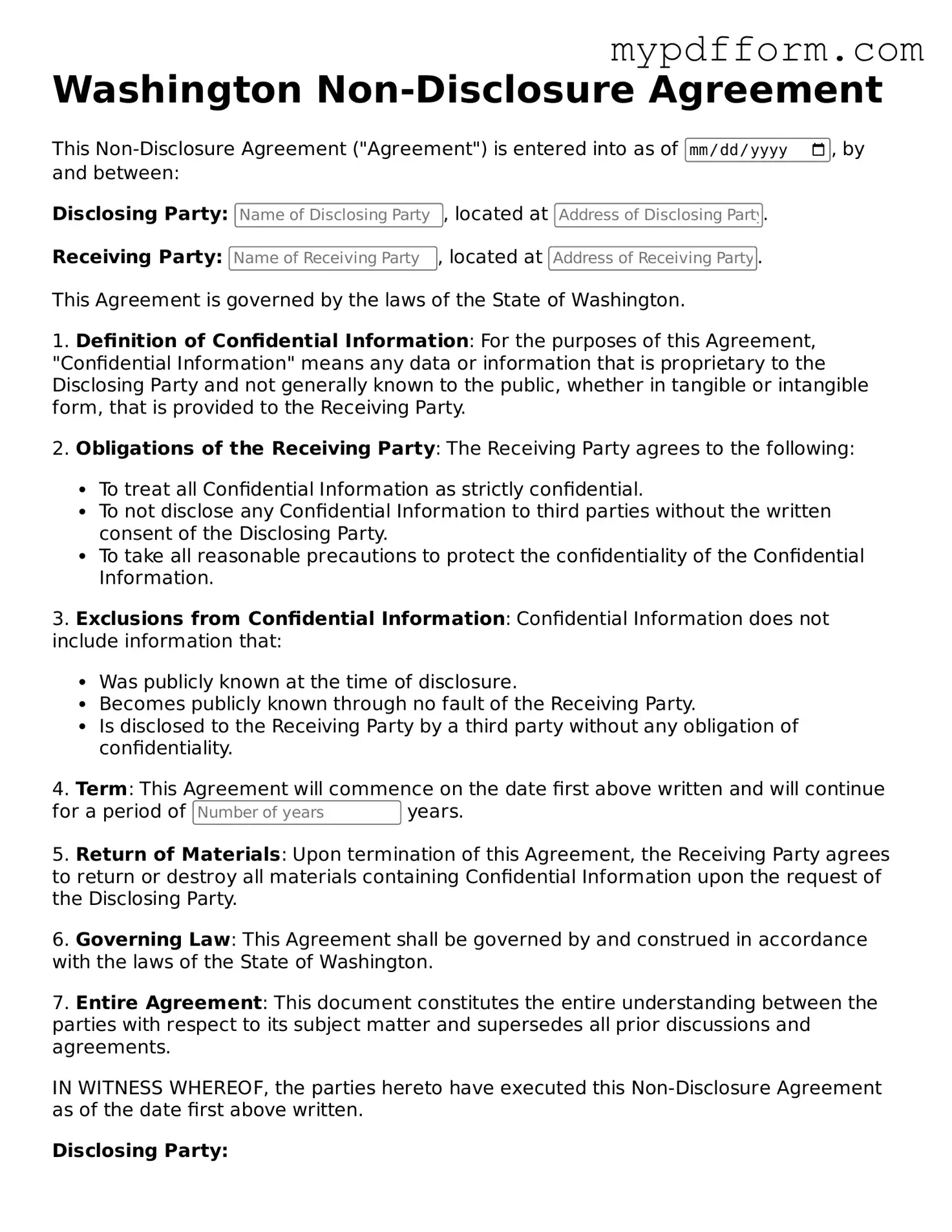 Valid  Non-disclosure Agreement Template for Washington