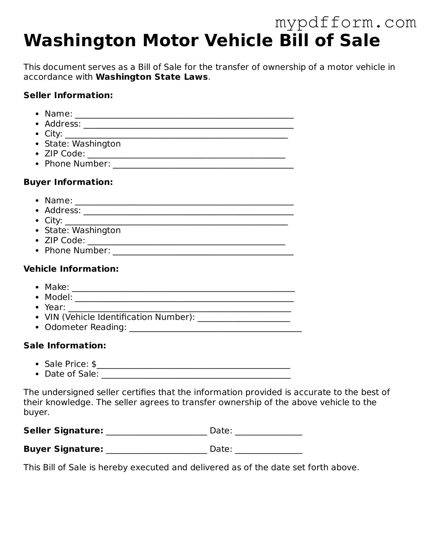 Valid  Motor Vehicle Bill of Sale Template for Washington