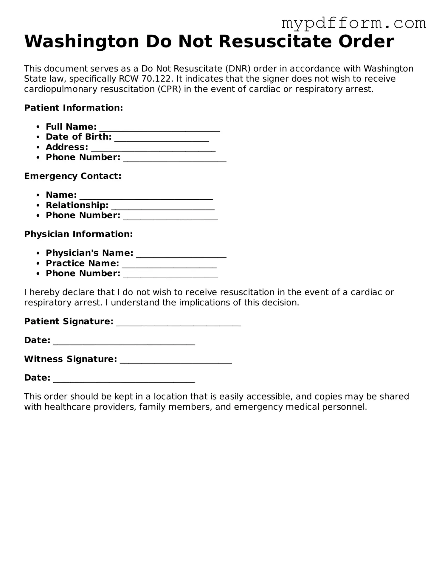 Valid  Do Not Resuscitate Order Template for Washington