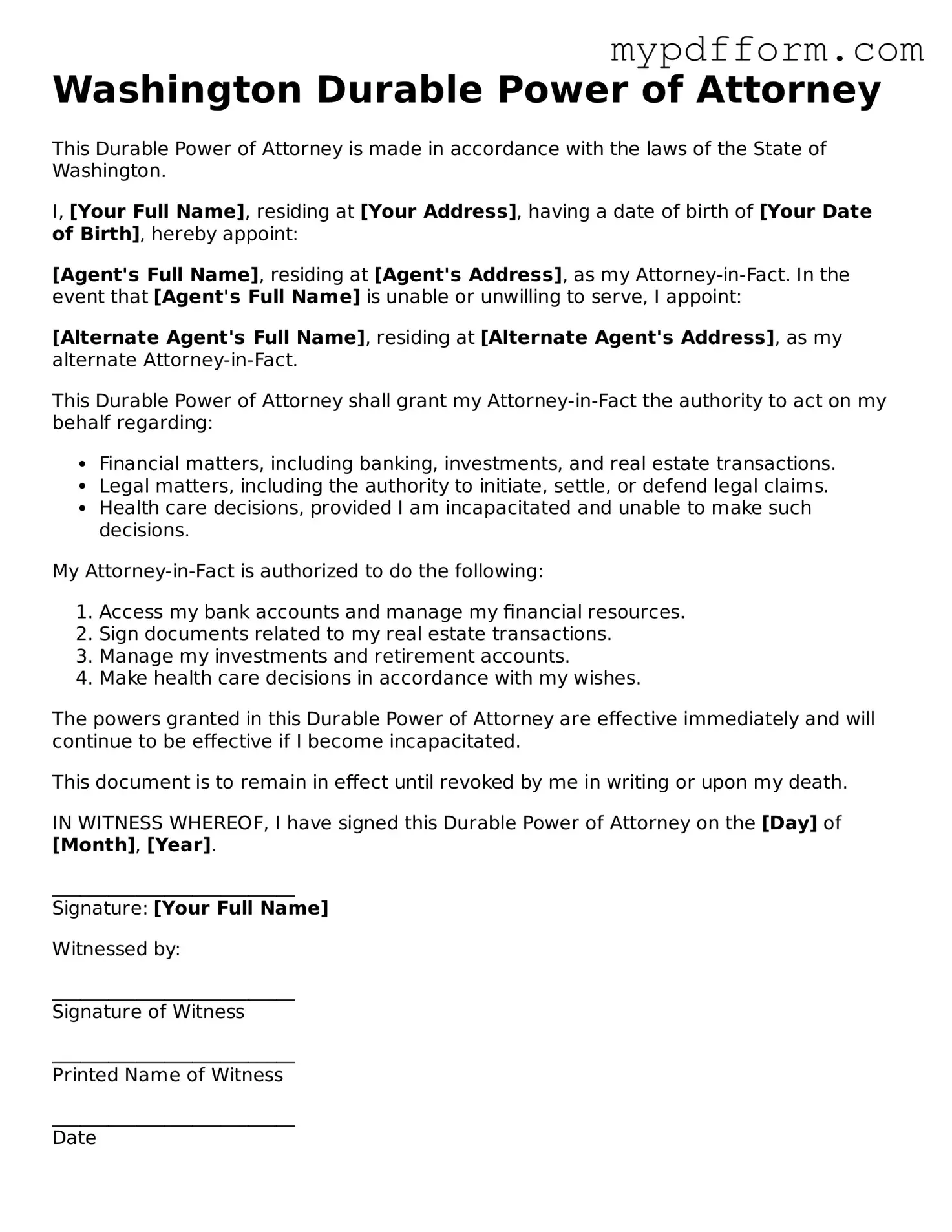 Valid  Durable Power of Attorney Template for Washington