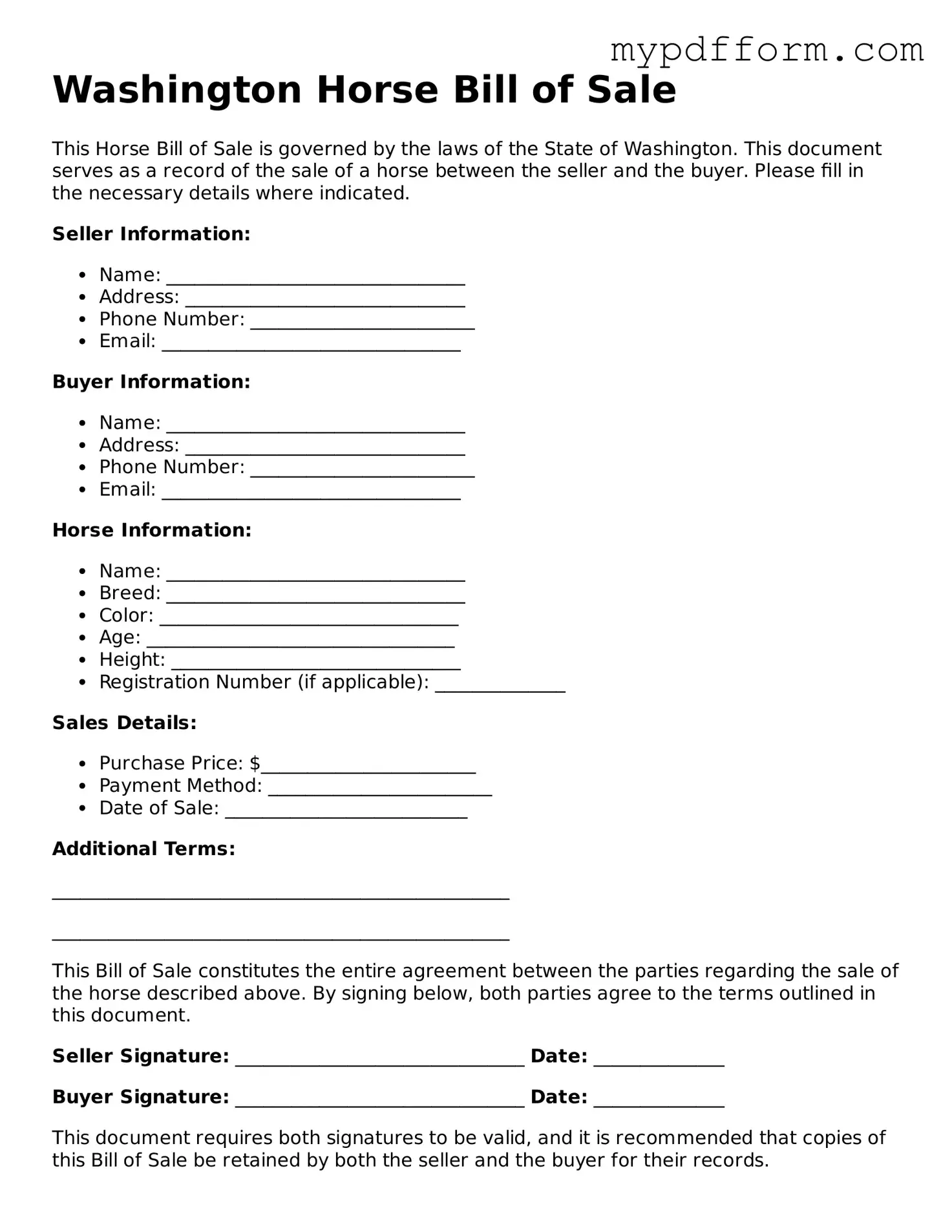 Valid  Horse Bill of Sale Template for Washington