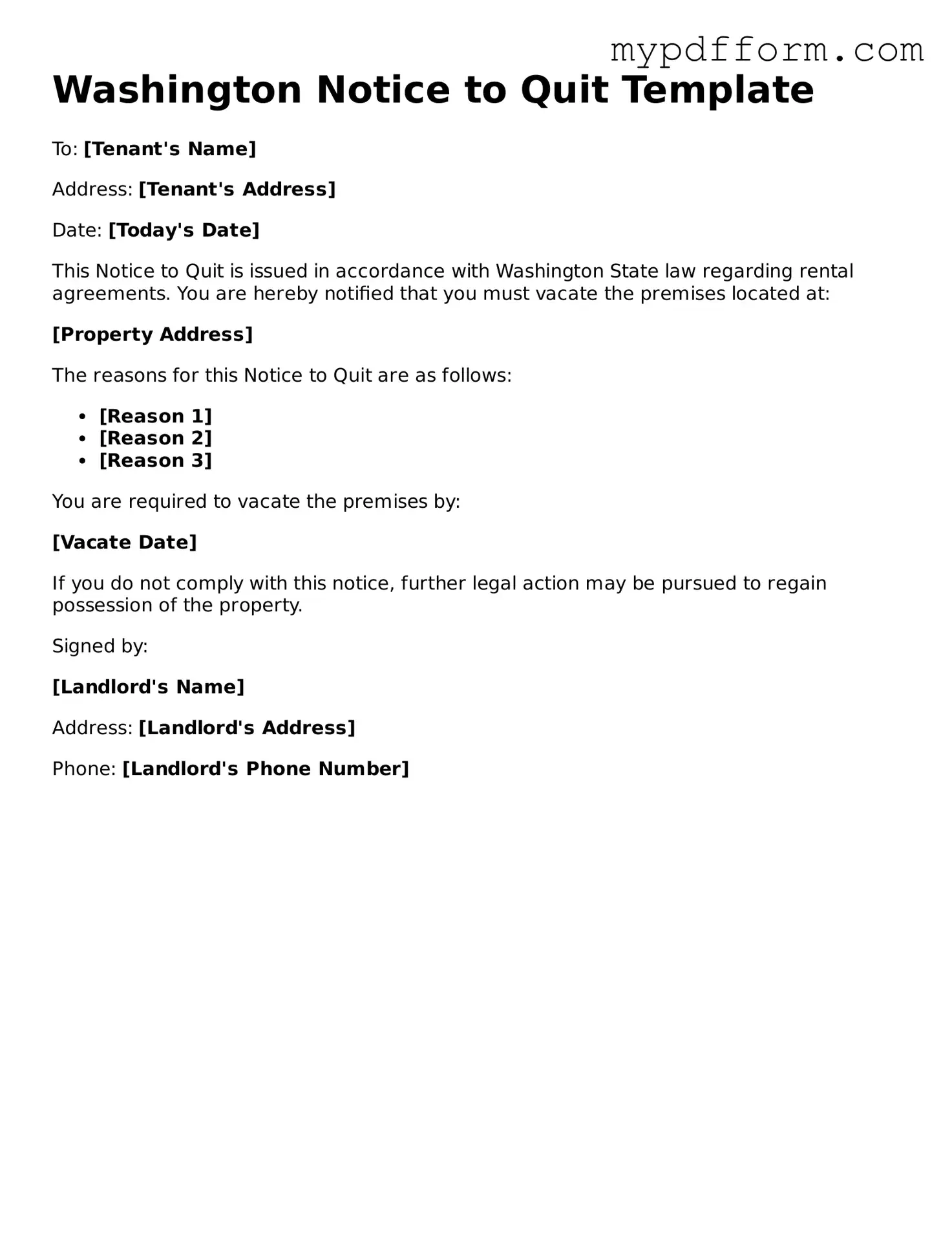 Valid  Notice to Quit Template for Washington
