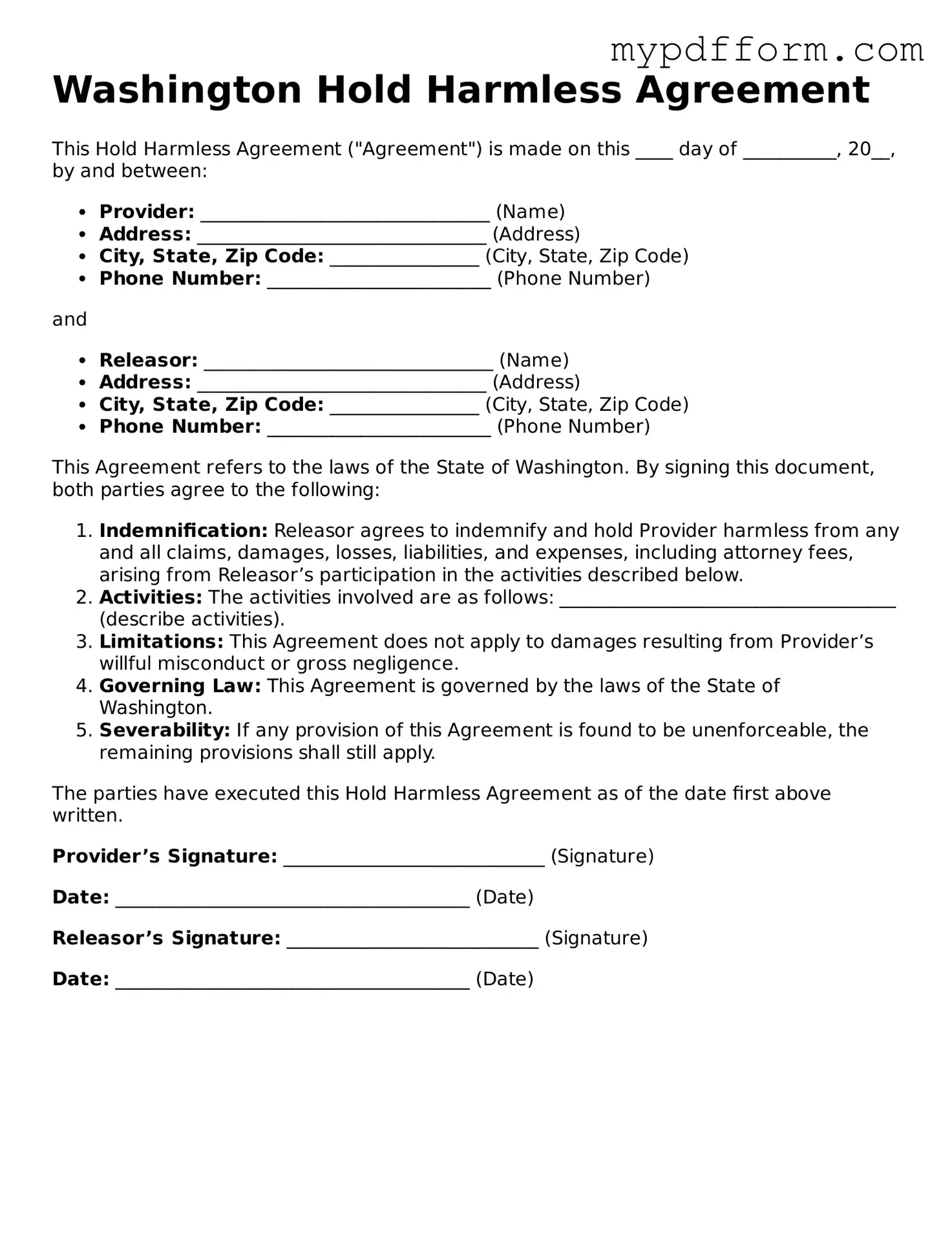 Valid  Hold Harmless Agreement Template for Washington