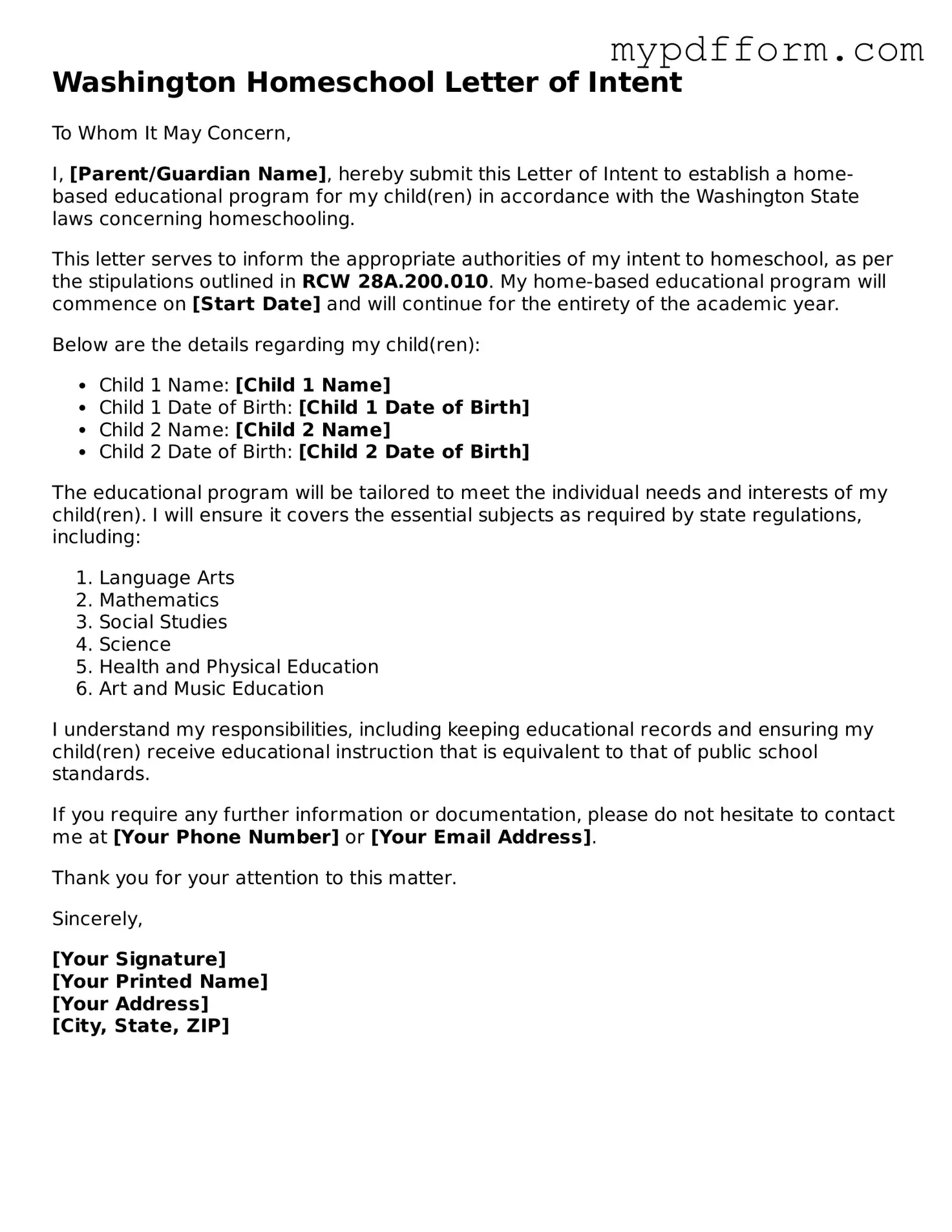 Valid  Homeschool Letter of Intent Template for Washington