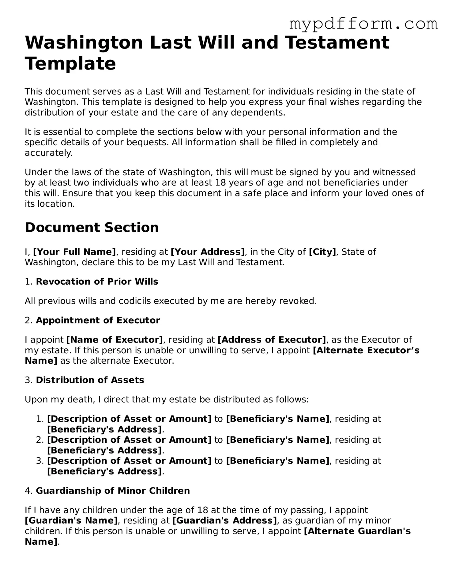 Valid  Last Will and Testament Template for Washington