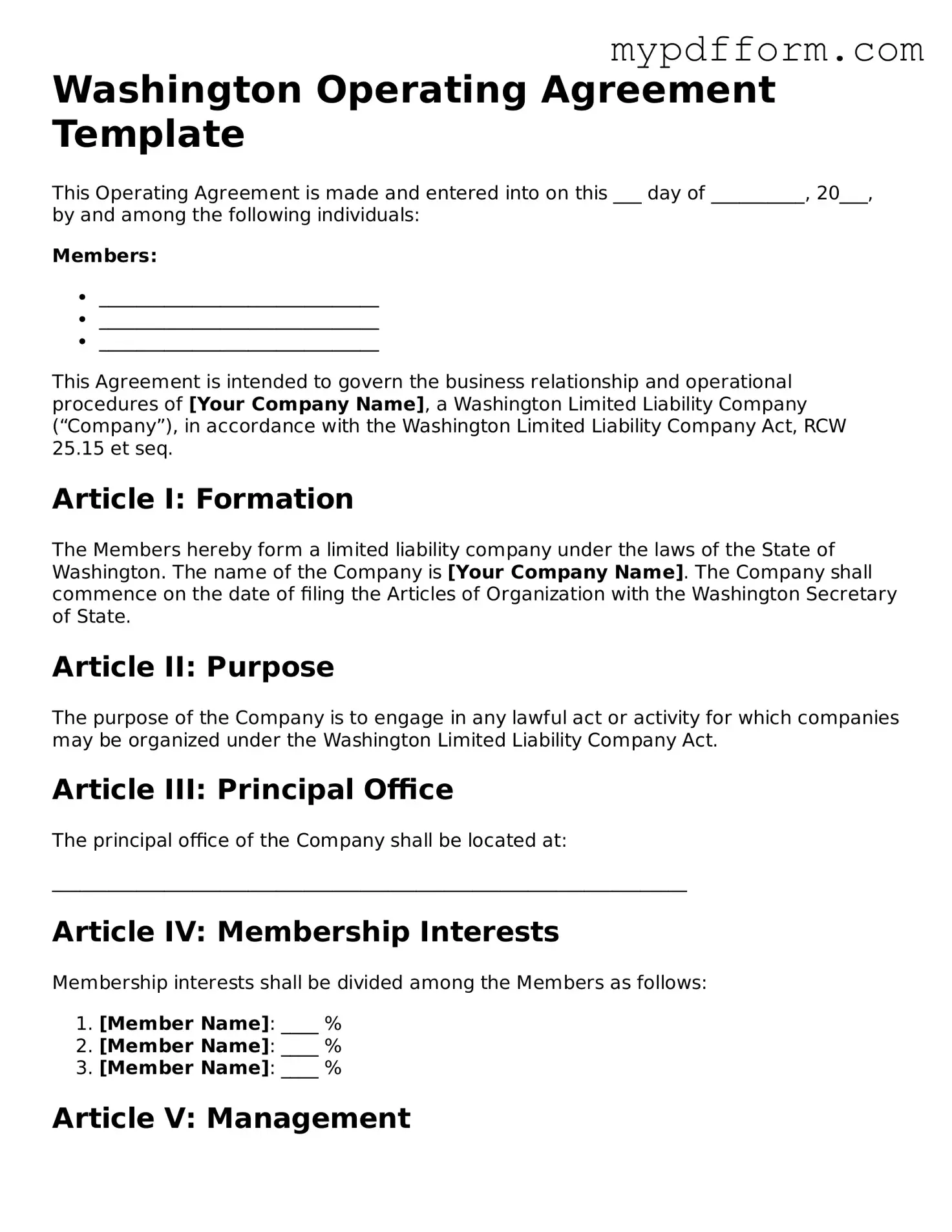 Valid  Operating Agreement Template for Washington