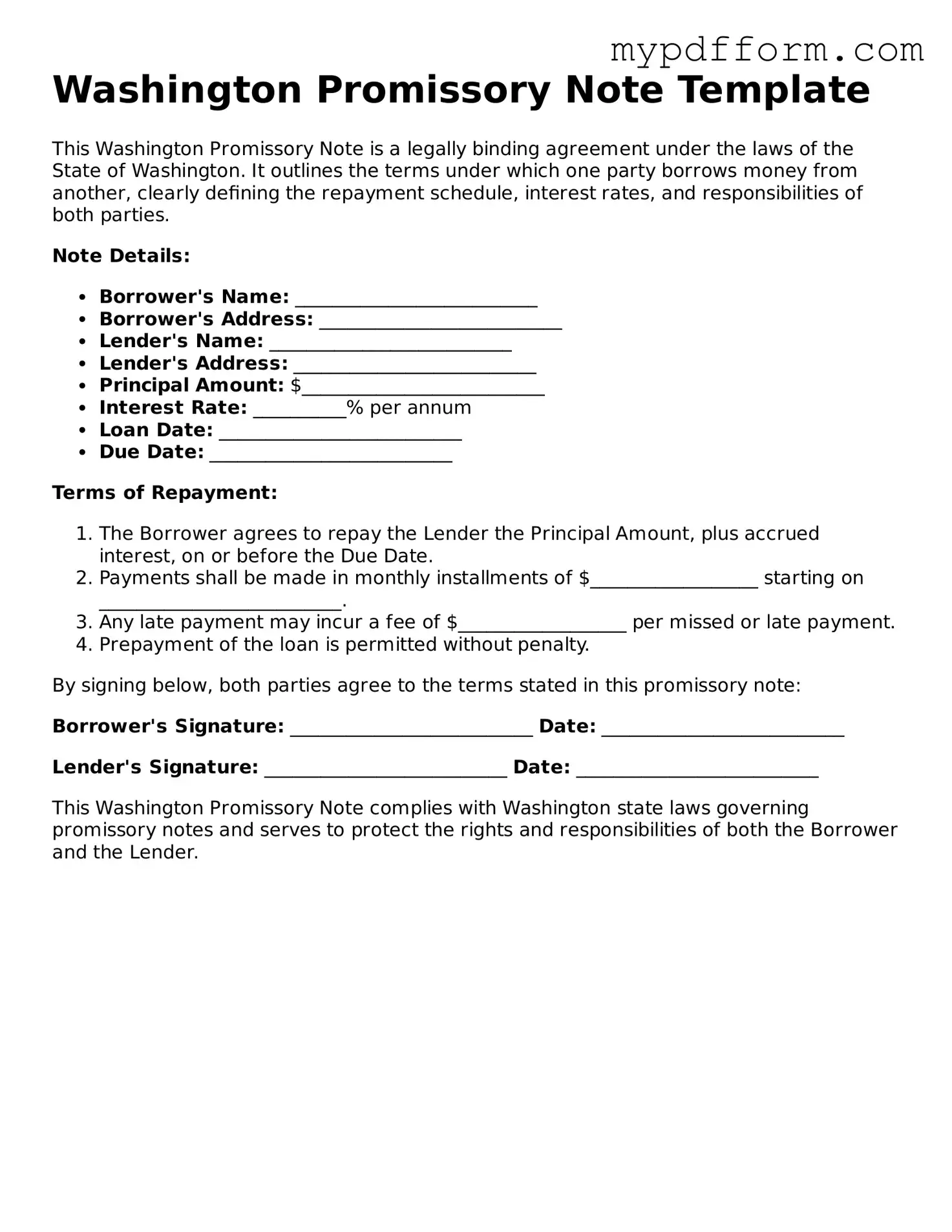 Valid  Promissory Note Template for Washington